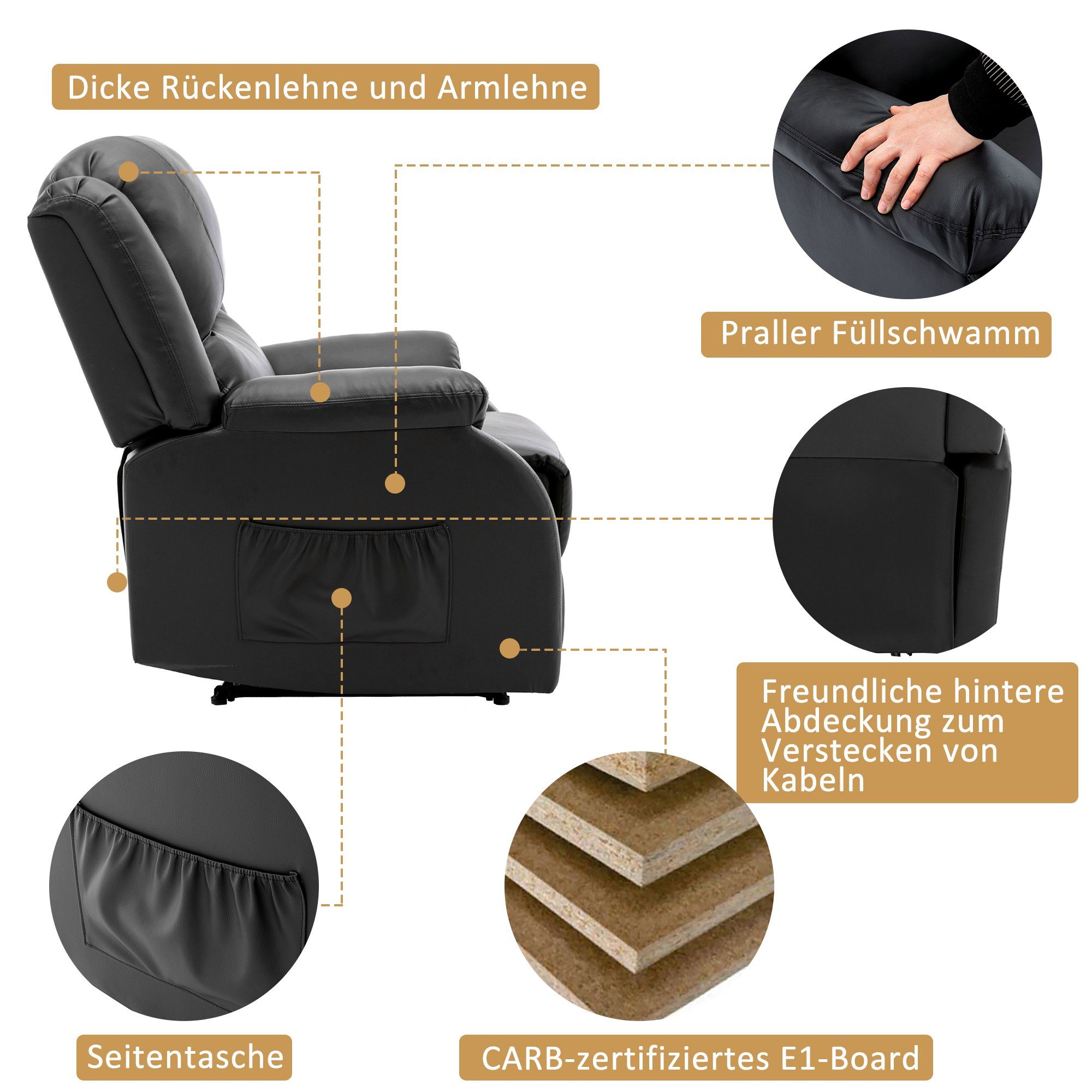 Relaxsessel Schwarz Merax mit verstellbar, Fernsehsessel TV-Sessel, Kunstleder Liegefunktion,