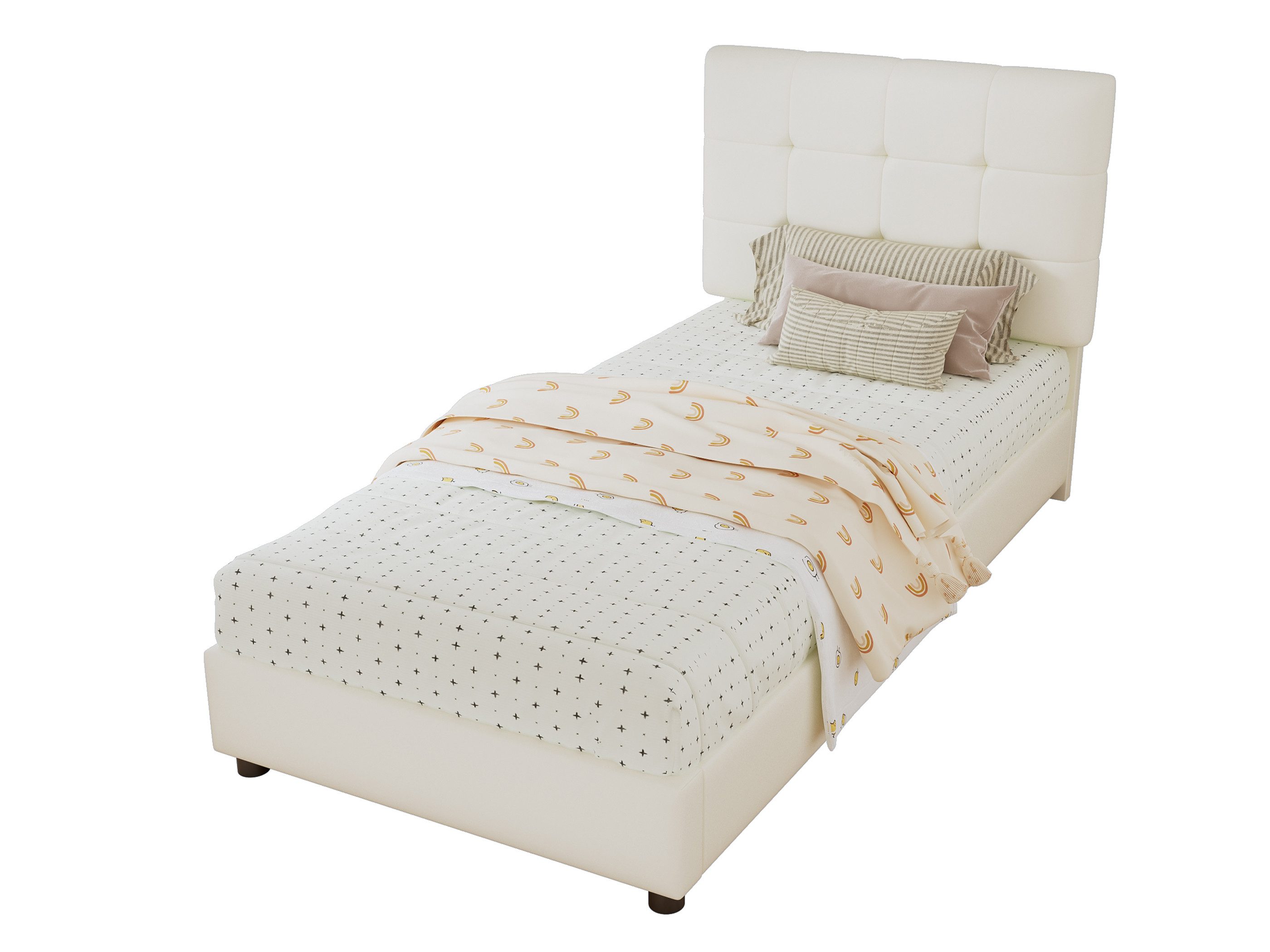 SeedWave Polsterbett PU-Bezug Kinderbett, Gepolstertes Kopfteil in Keks-Design, 90×200cm, Einzelbett mit Lattenrost, Metallgestell, Antikollisions-Schwammkante