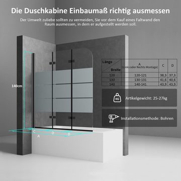 Boromal Badewannenaufsatz 140x140 130x140 3 teilig faltbar Schwarz Duschwand für Badewanne, 180° Faltwand, verstellbar Alu Wandprofil, milchglas, (Duschabtrennung Badewanne 120x140, 5mm Sicherheitsglas), Effizient wasserdicht, Rechts-und Links montierbar