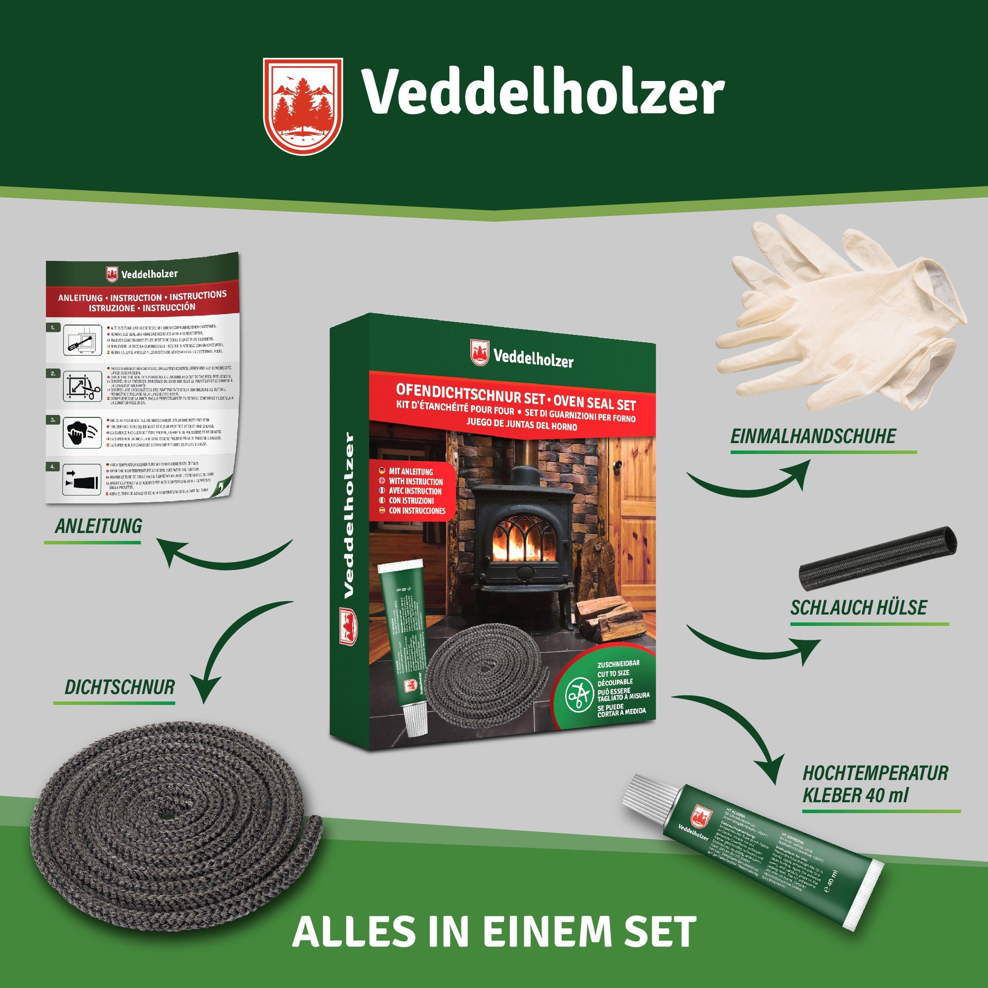 Veddelholzer Dichtungsband Ø6-14mm Ofendichtband Set Ofendichtung Kamindichtung Kaminofen Zubehör, (Backofen Dichtung, Ofendichtschnur für Kaminofen, Öfen), Ink – Bild 5 von 5