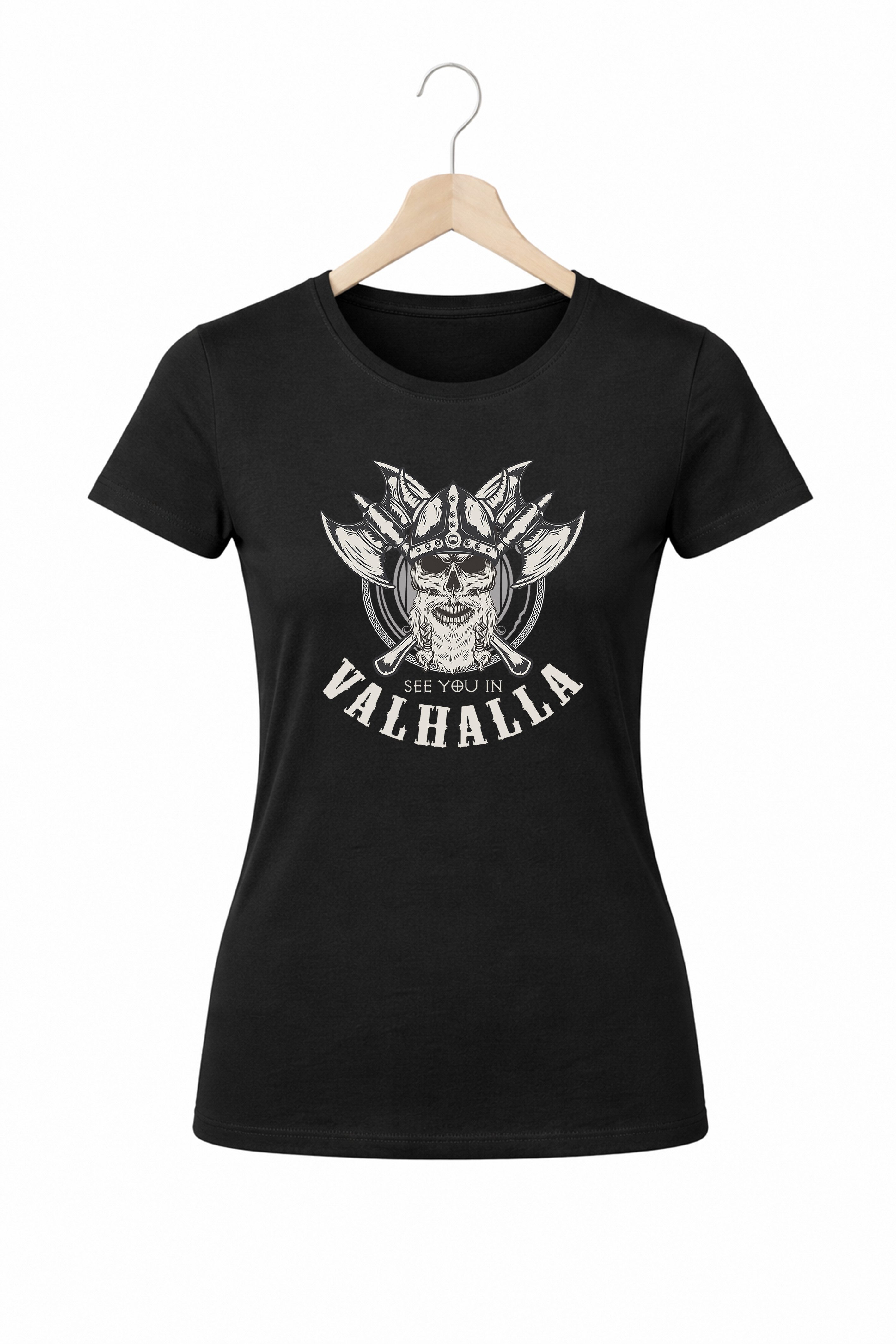 Banco T-Shirt Valhalla Skull Print Damen (Einzelstück, Einzelartikel) Damen T-Shirt Valhalla Wikinger Skull Print Baumwolle Casual Kurzarm