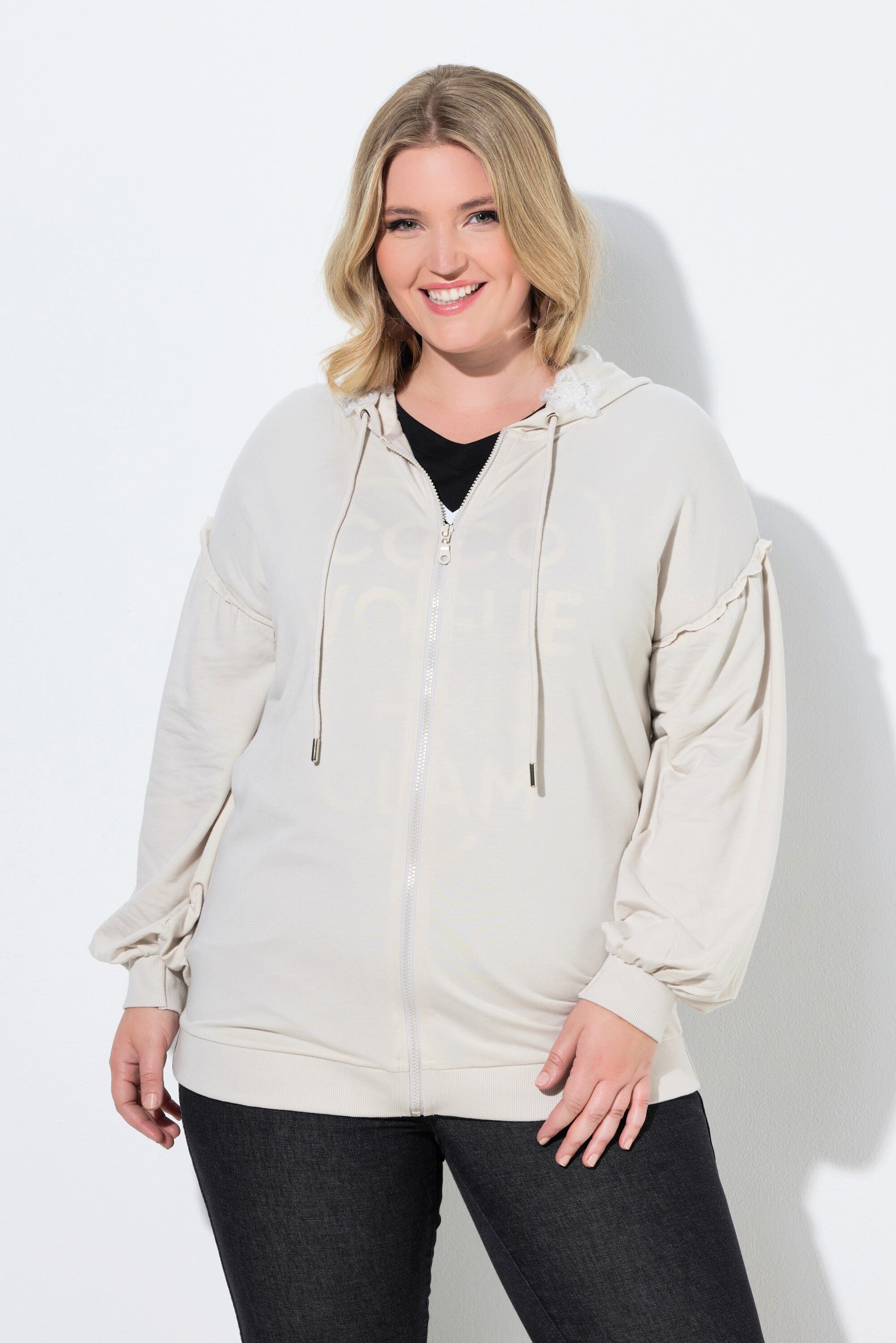 MIAMODA Sweatjacke Sweatjacke Loose Fit Kapuze mit Glitzer-Blüten