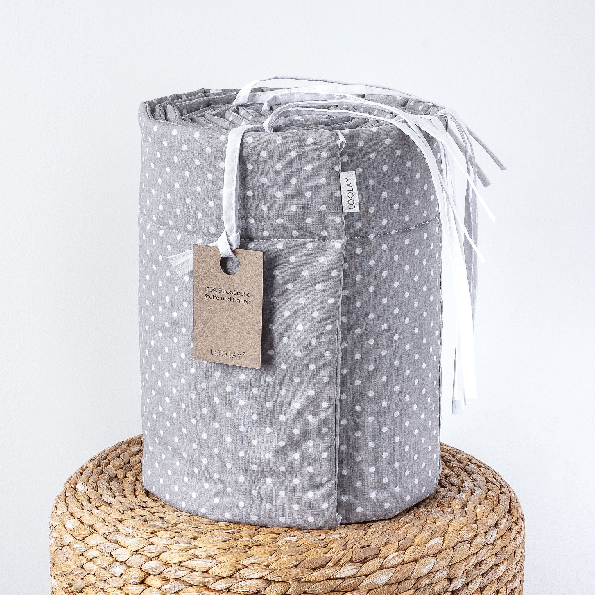 Loolay Bettnestchen GRAU WEIß Baumwolle BETTUMRANDUNG Babybett 420, 360, 210, 180 x 30cm, (Babyausstattung Babynest Kopfschutz Kantenschutz Baby, 100% Baumwolle Babybett Bettschutzgitter Umrandung), LOOLAY® - 100% Europäische Stoffe und Kleinserien-Nähen!