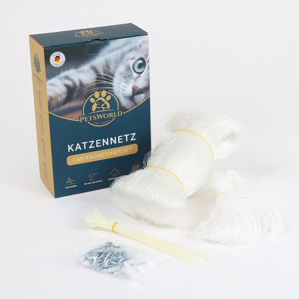 PETSWORLD EST 2021 Schutznetz Katzennetz 8×3 m für Balkon inkl. Befestigung & Kabelbinder, BxL: 17x35 m, Wetterbeständiges Katzenschutznetz mit geknoteten Maschen