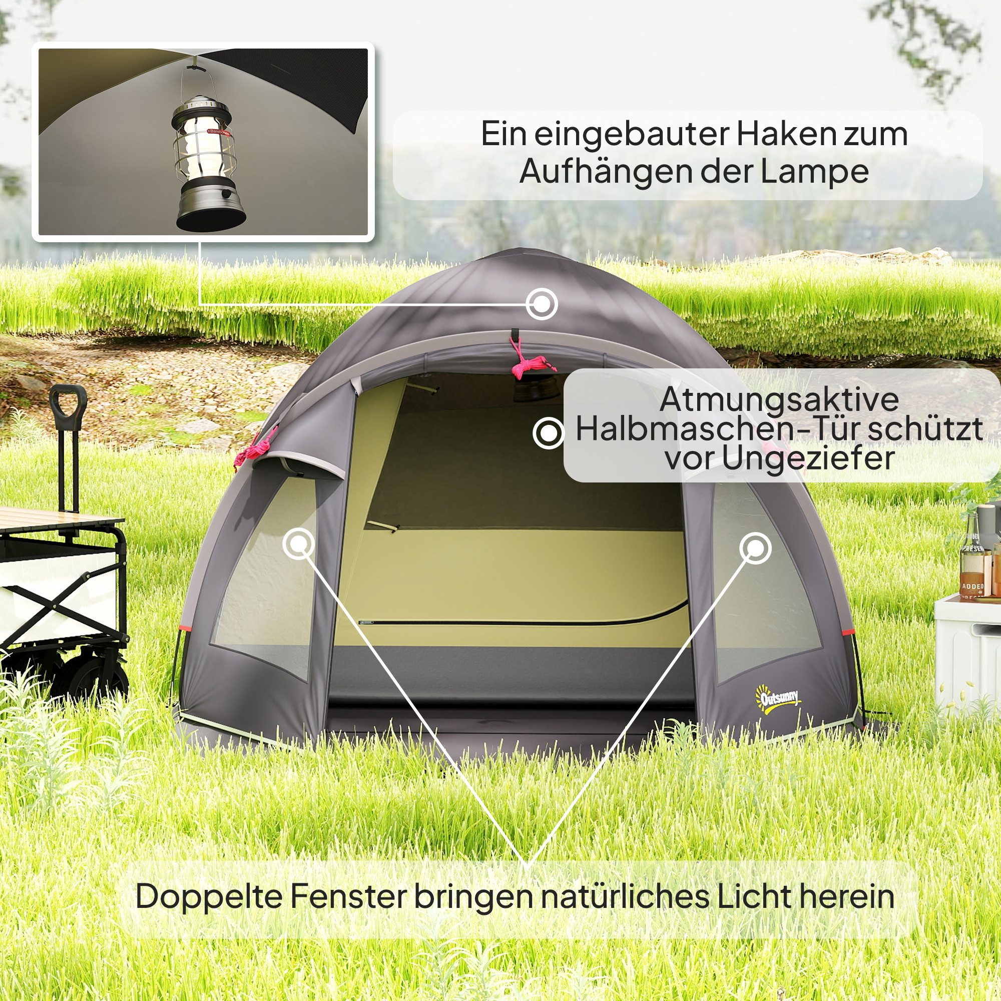 Outsunny Tunnelzelt mit Vordach, Seitentür&Fenster, Bodenplane, Personen: 4 (wasserdicht UV 50+ Familienzelt, 1 tlg., Campingzelt für 4 Personen), mit 3000mm Wassersäule, für Camping Reise Trekking Garten