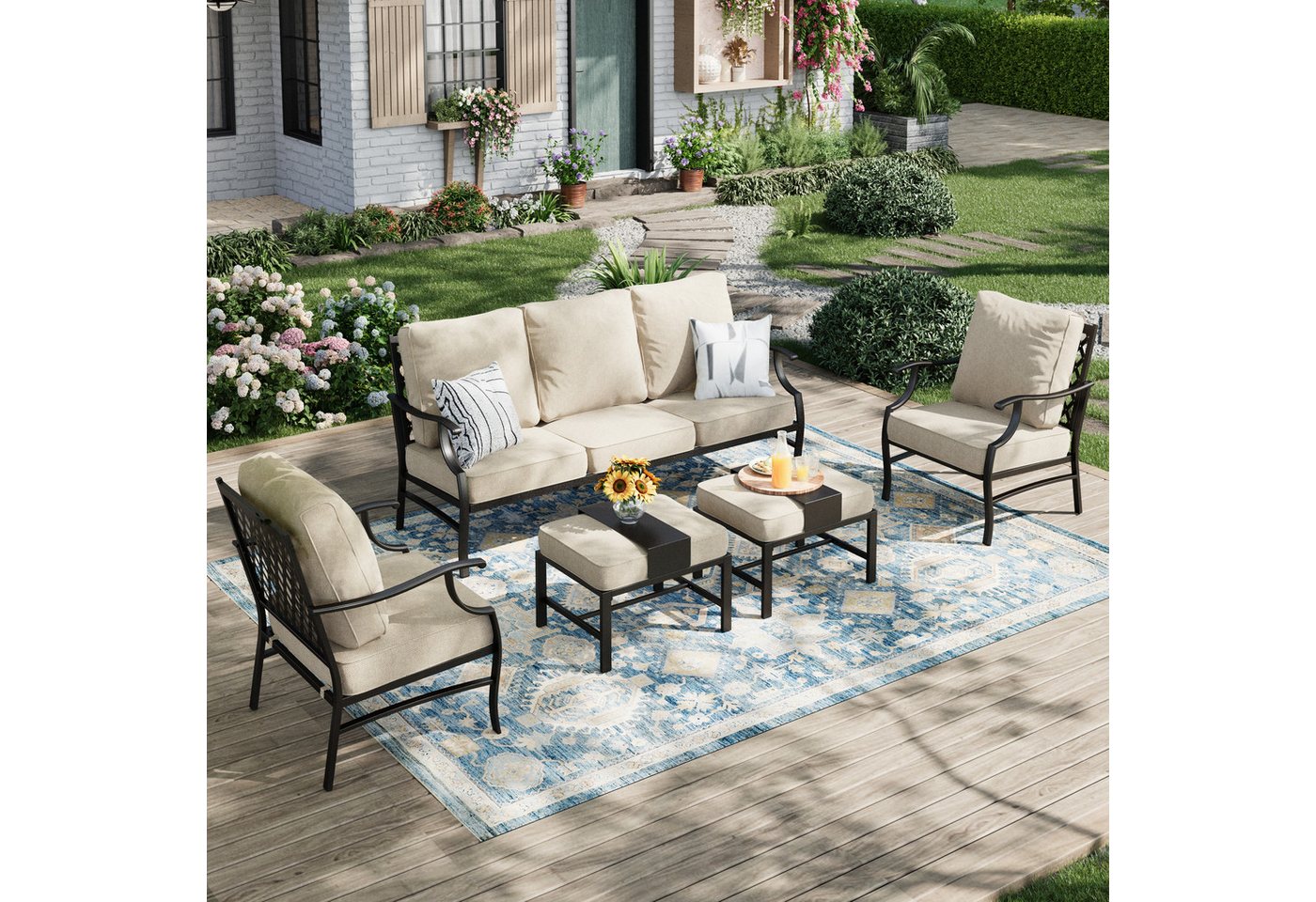 PHI VILLA Gartenlounge-Set, (Balkonmöbel Outdoor Ecksofa, Gartenmöbelsets 7-Sitzer, 5-teiliges Metall Lounge Möbel Outdoor), E-Beschichtung Geschmiedeter Rahmen & Dicke Kissen, Beige