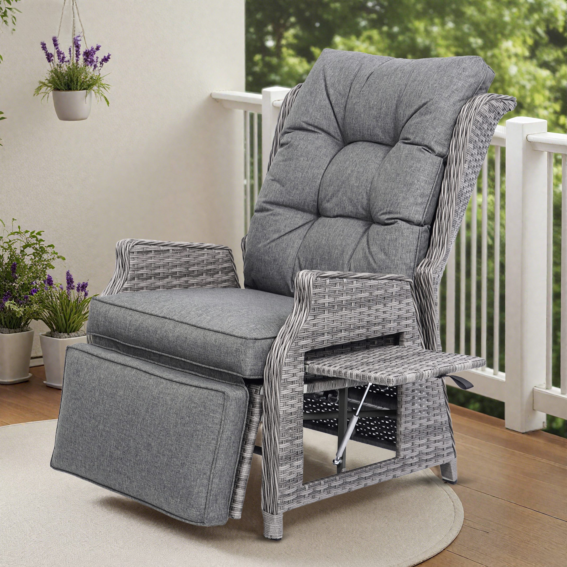HOMECALL Rattanstuhl Gartensessel Indoor Verstellbar Liegestuhl Gartenliege balkonliege (Wetterfester Rahmen, klappbarem Beistelltisch und Fußstütze, 1 St), COMLAX FIELD