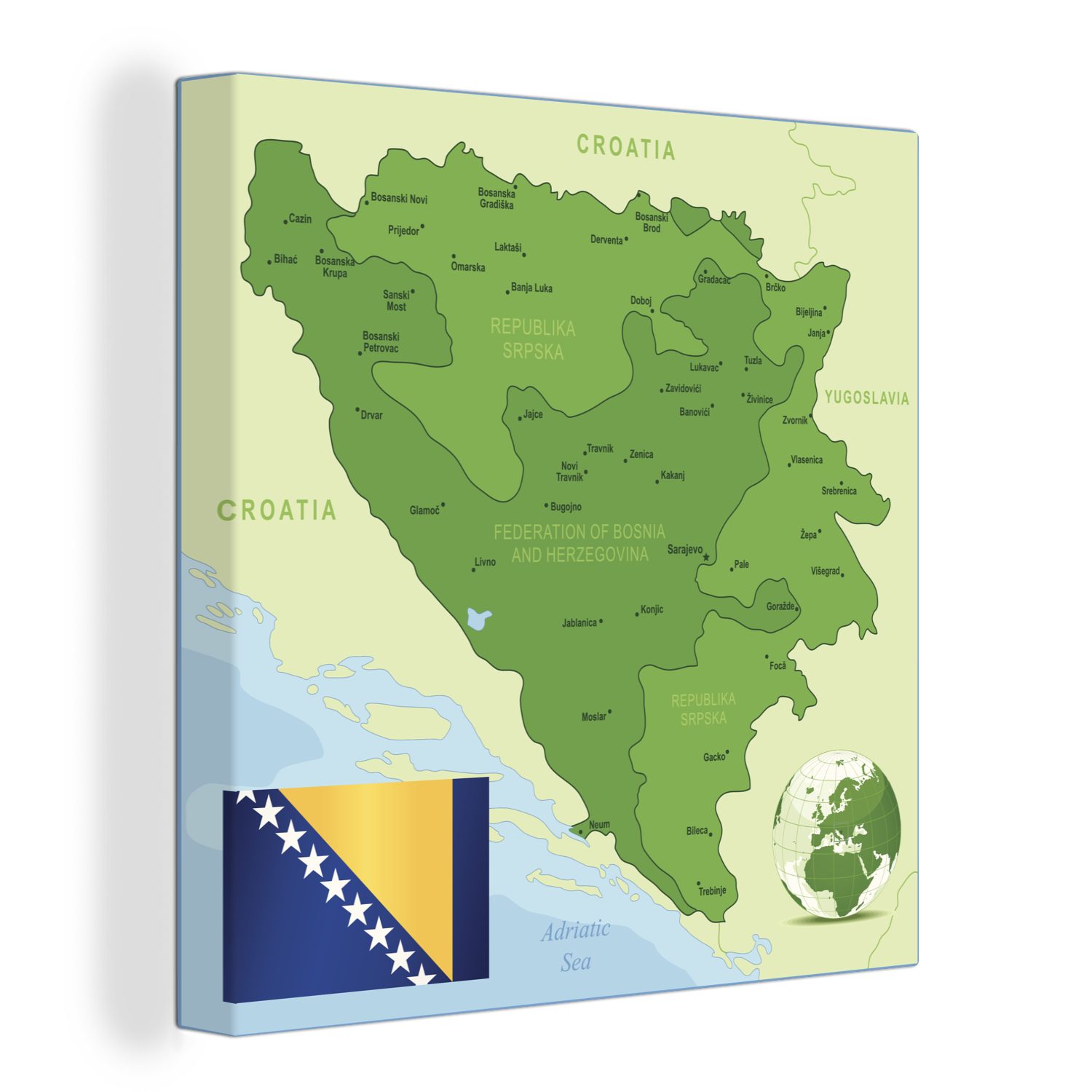 OneMillionCanvasses® Leinwandbild Illustration von Bosnien und Herzegowina in grüner Farbe, (1 St), Leinwand Bilder für Wohnzimmer Schlafzimmer