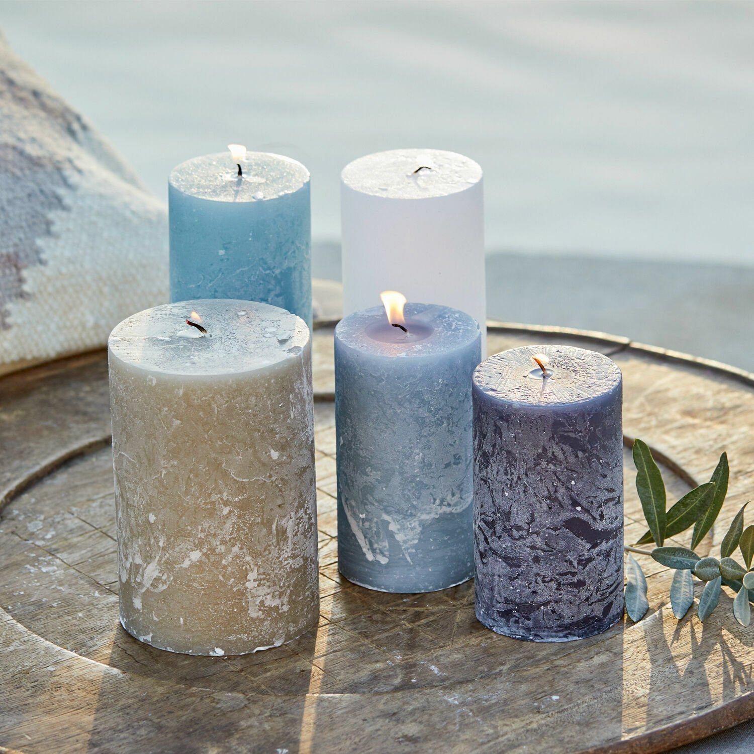 Mirabeau Stumpenkerze Kerze 5er Set Panagra blau/grau (5er Set, 5er Set), none
