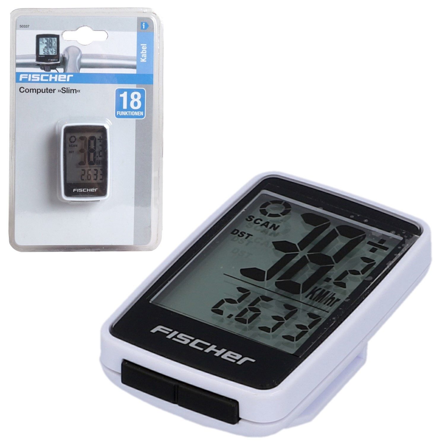 FISCHER Fahrrad Fahrradcomputer Fahrradcomputer Slim Fahrradtacho Weiß, Rad-Computer Tacho LCD Display 18 Funktionen