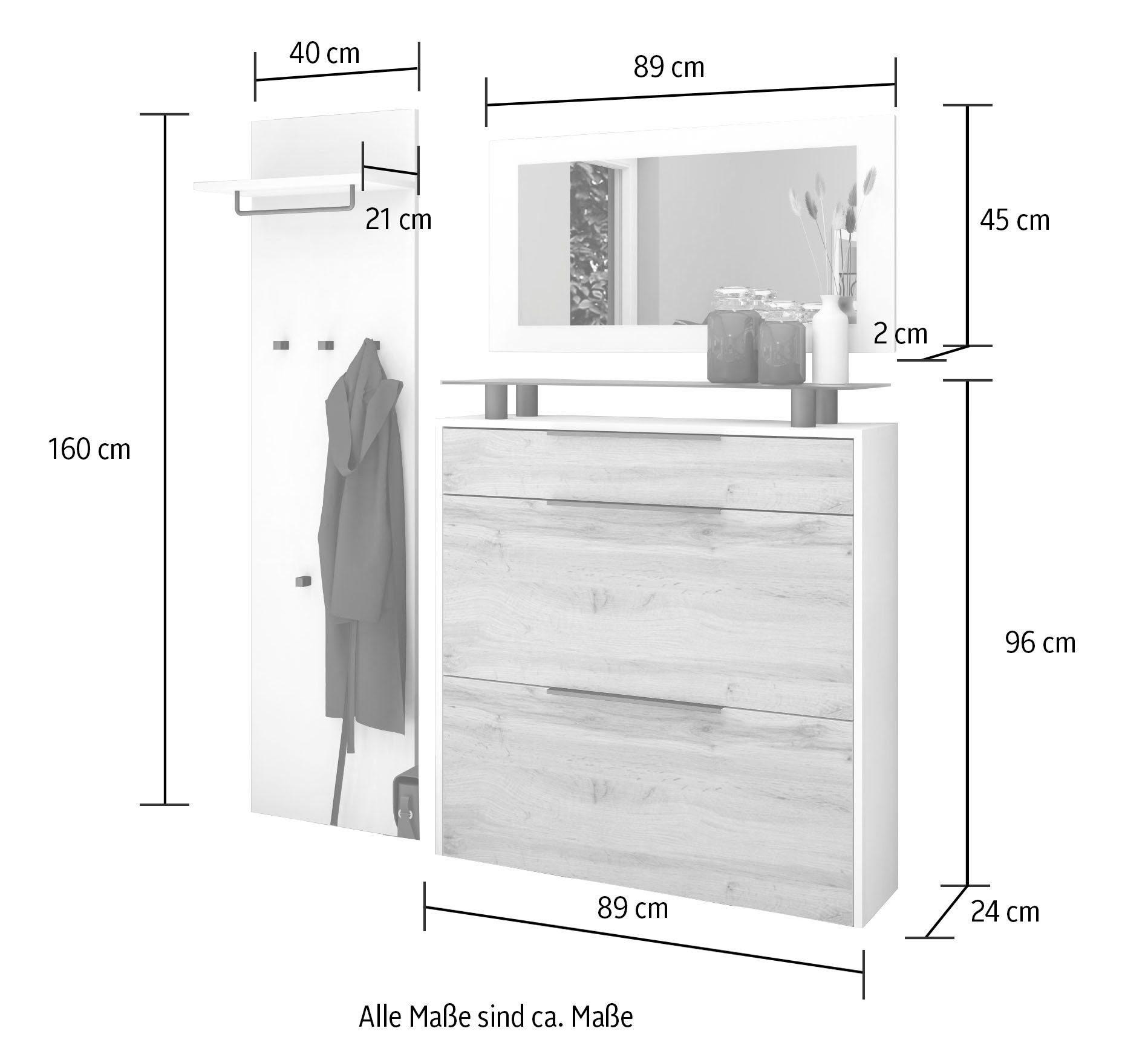 borchardt Möbel Garderoben-Set Tom, (3-St), weiß matt hängend matt/weiß Schuhschrank