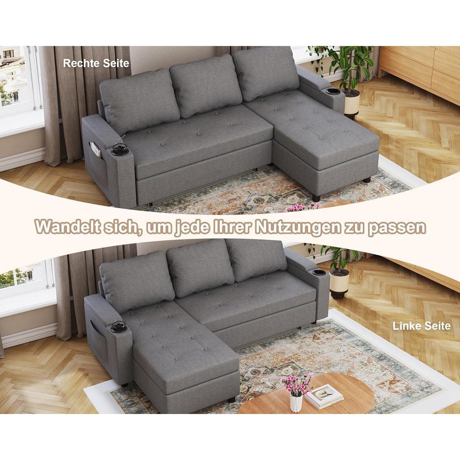 LuxusKollektion Ecksofa Ecksofa Schlafsofa Bettkasten U Form 4 Sitzer 254cm - U Hellgrau