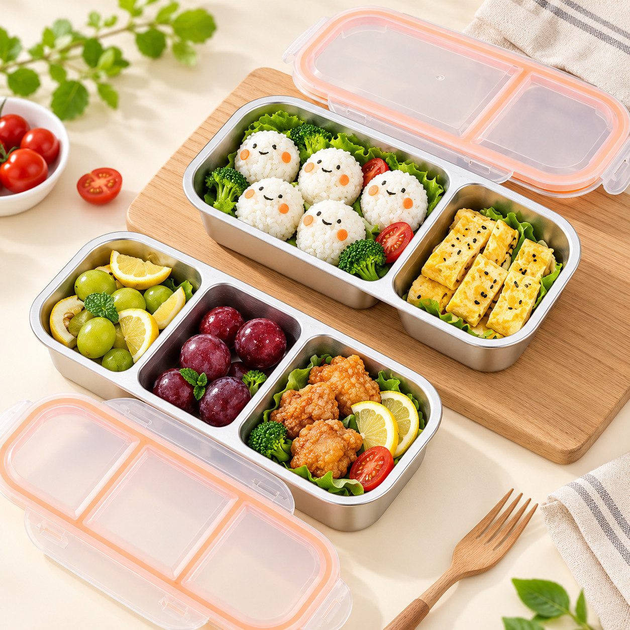 Fyrove Lunchbox aus Edelstahl, Brotdose, Snackbox mit Fächern, 2 Stück, (auslaufsicher, BPA-frei, lebensmittelecht, leicht, tragbar, 2 Stück – 1x 2 Fächer + 1x 3 Fächer), für Schule, Kindergarten, Arbeit, Camping, Frühstücksdose, Essenbox