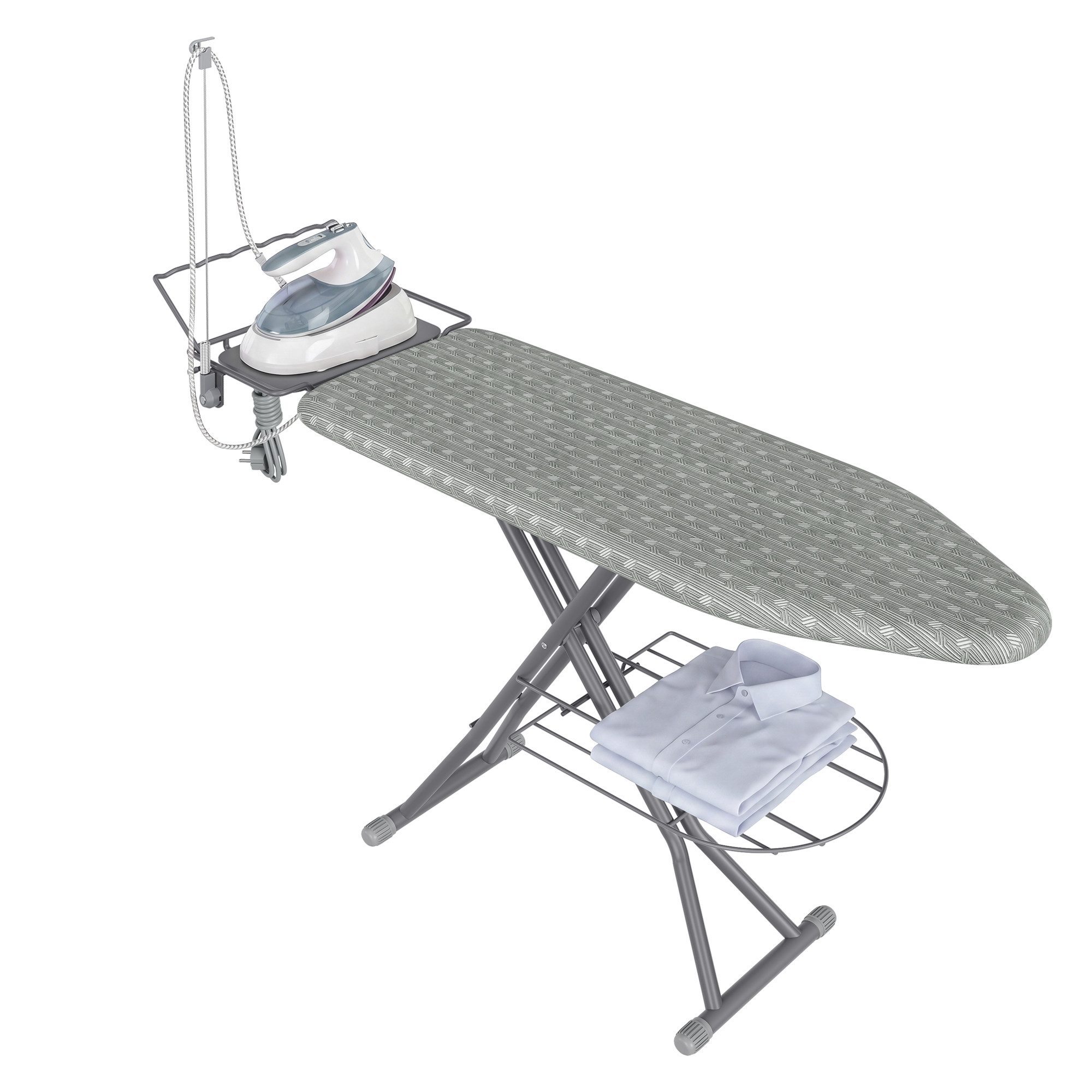 SONGMICS Bügelbrett mit Steckdose und Ablage, für Dampfbügeleisen, Bügelfläche 129 x 38 cm, Höhenverstellbar