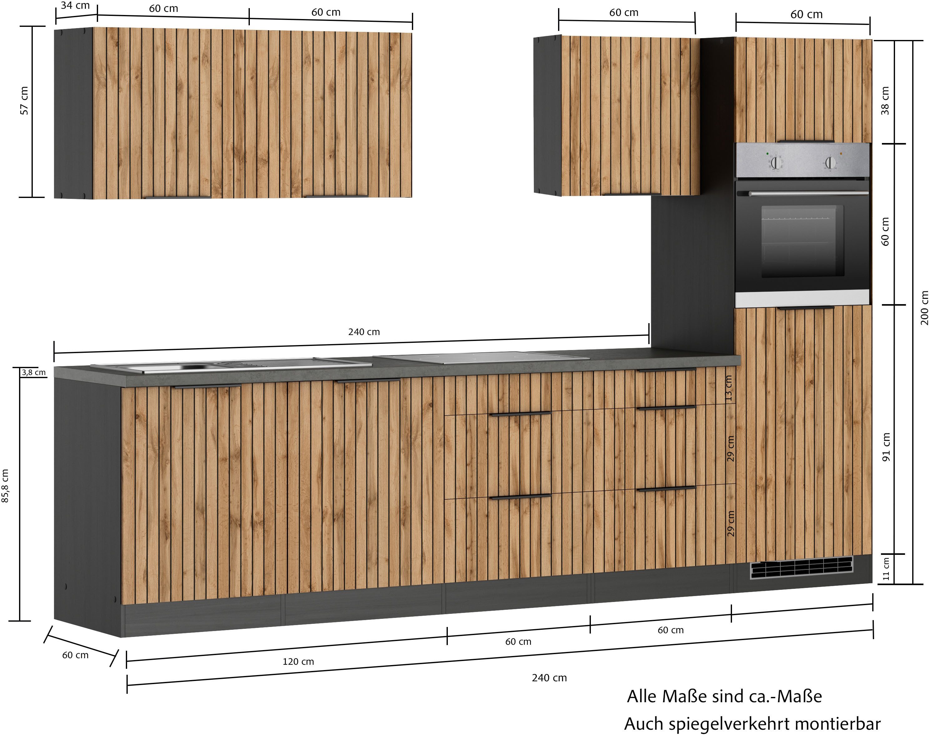 COOKING STATION Kitchen unit KS-Lagos, width 300 cm, optionally with electrical appliances, ceramic or induction hob, sink in stainless steel or black