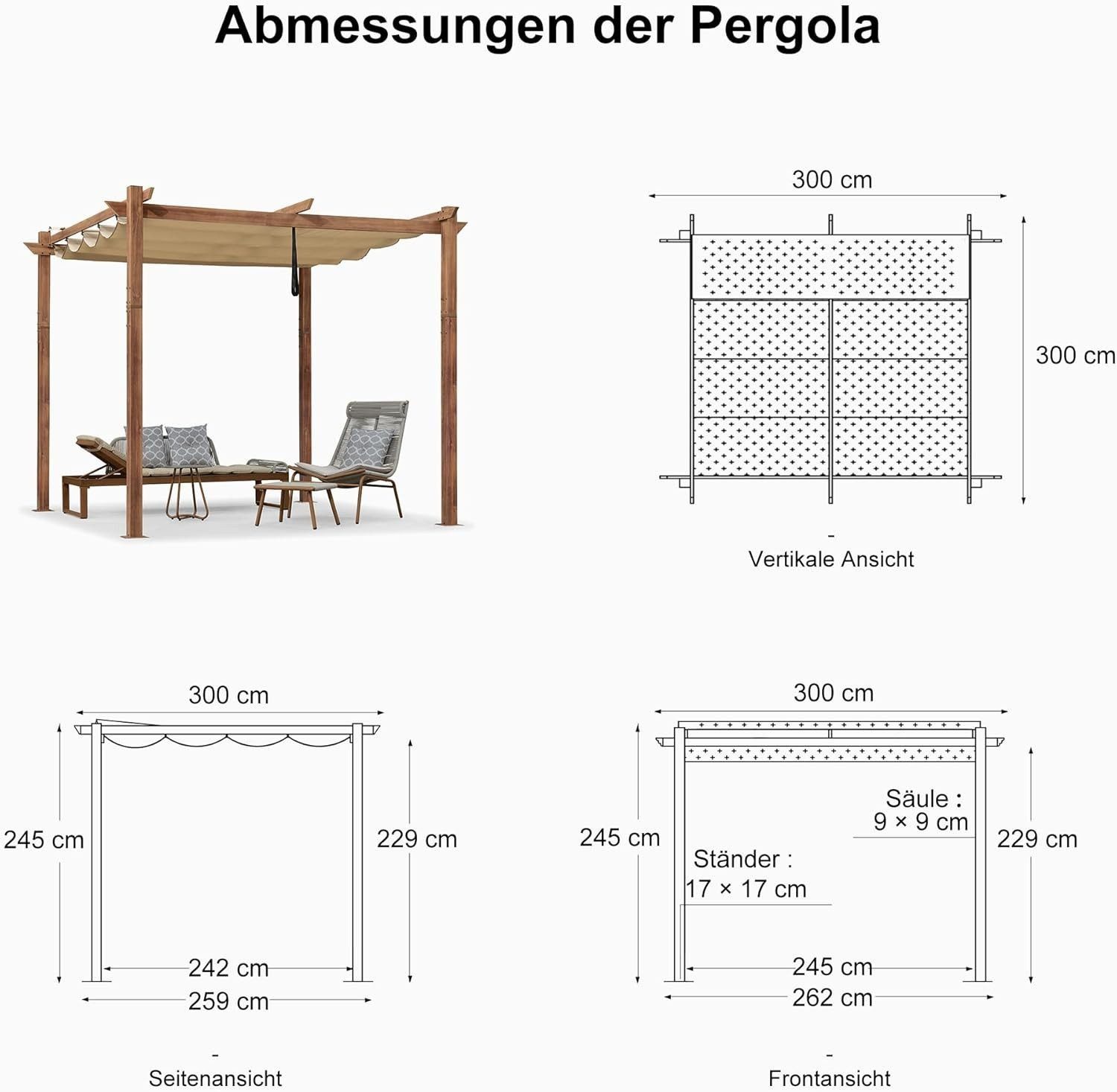 PURPLE LEAF Pergola Holzoptik Pavillon mit einziehbarem Dach, Alu Terrassenüberdachung, BxTxH: 300x300x245 cm, (Komplettes Set, Freistehende Pergola mit manuellem Schiebedach), Gartenpavillon Stabil & Winterfest, Terrasse, Balkon