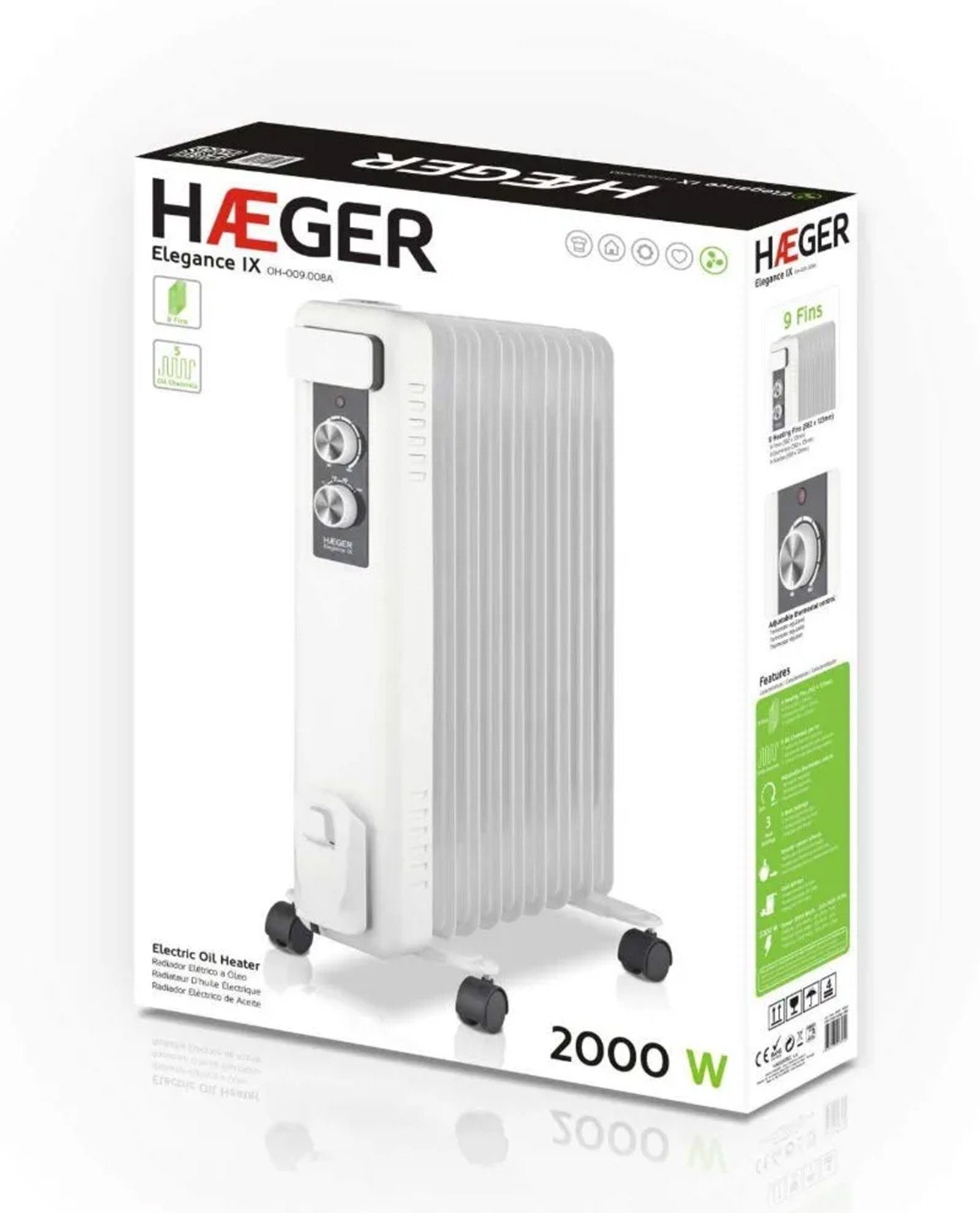 HAEGER Ölradiator ELEGANCE IX, 2000 2 Rippen, Überhitzungsschutz, 9 Stufen W, Thermostat