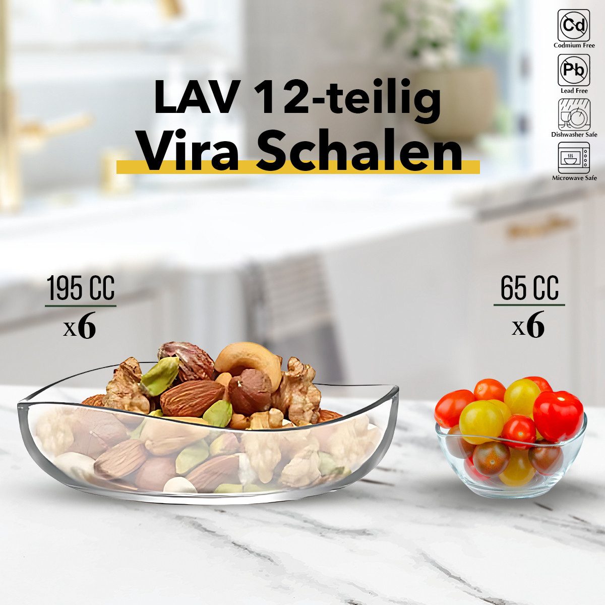 LAV Dessertschale 12-teiling Schalen Set - 6x 195 ml + 6x 65 ml, Glas, (12er-Set, 6-tlg), 2 Größen, Spülmaschinengeeignet