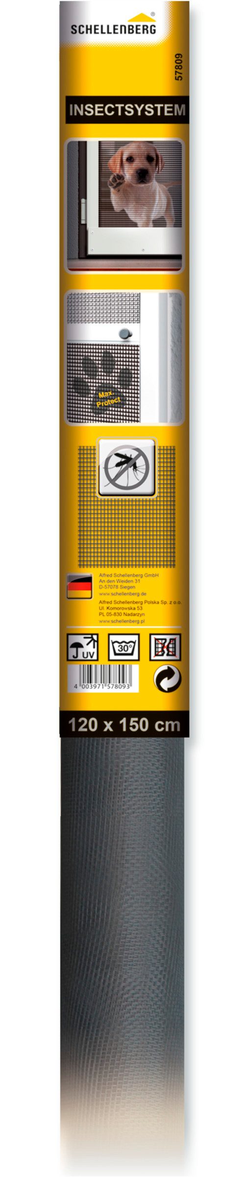 SCHELLENBERG Fliegengitter-Gewebe Max Protect, kratzsicheres Fliegengitter, (Packung, 1-St), für Fenster, Balkontür, Terrassentür, 120 x 150 cm, anthrazit