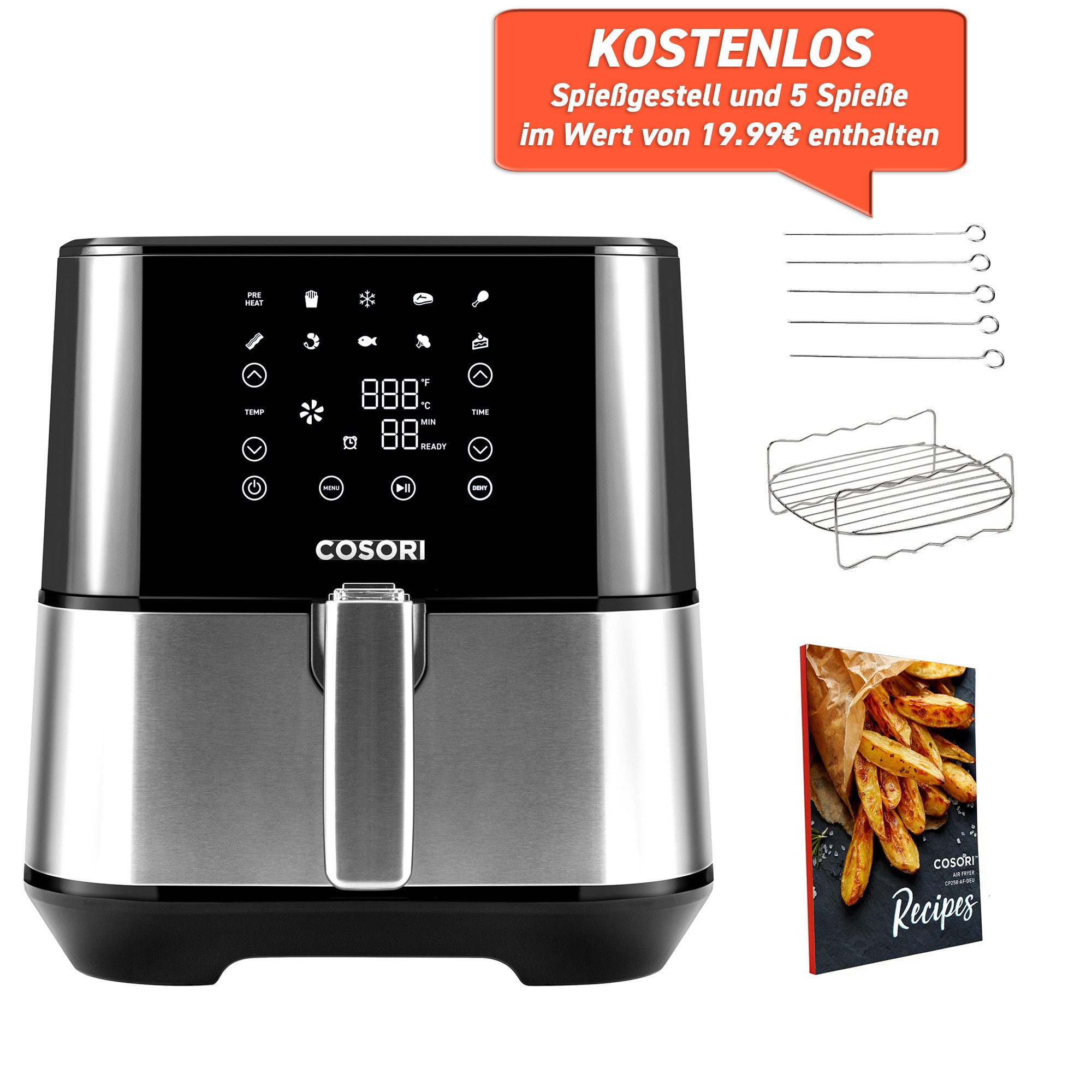 Cosori Heißluftfritteuse Cosori 5.5L XXL Heißluftfritteuse mit Dörr-Funktion, 1700 W