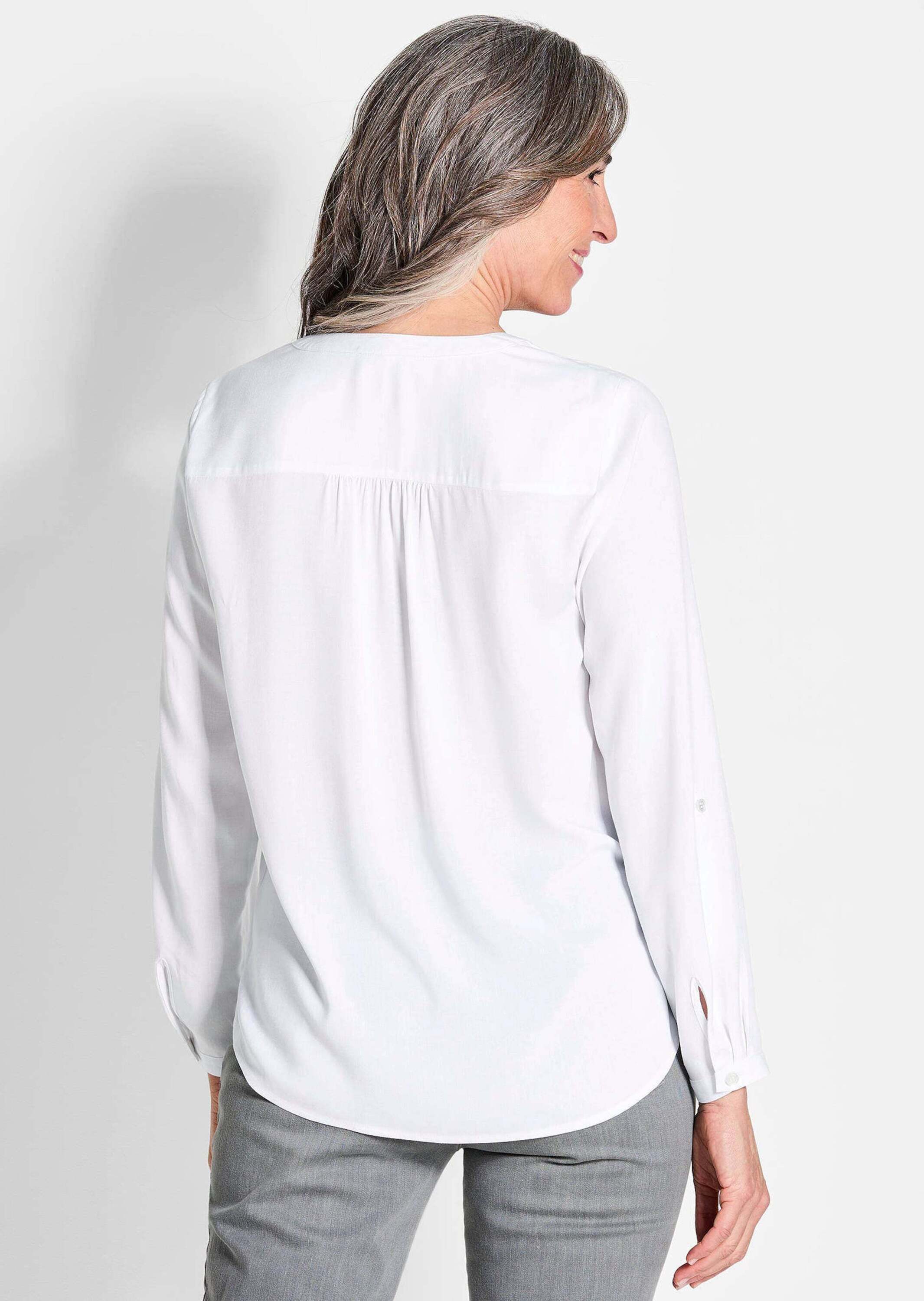 GOLDNER Schlupfbluse Elegante Viskosebluse mit V-Ausschnitt Luftige Bluse mit Fältchen, Knopfleiste und Langarm