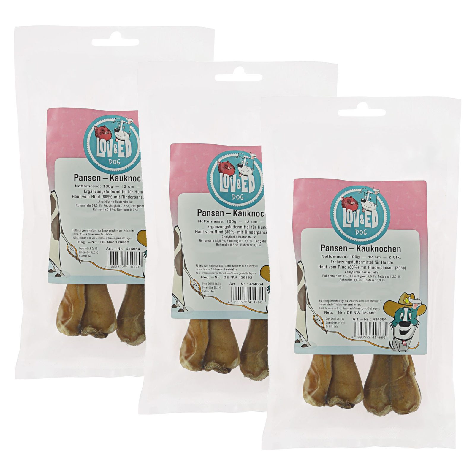 Lov&Ed Pansen-Kauknochen für Hunde, 3x 2 Stück, Snack für: Hund