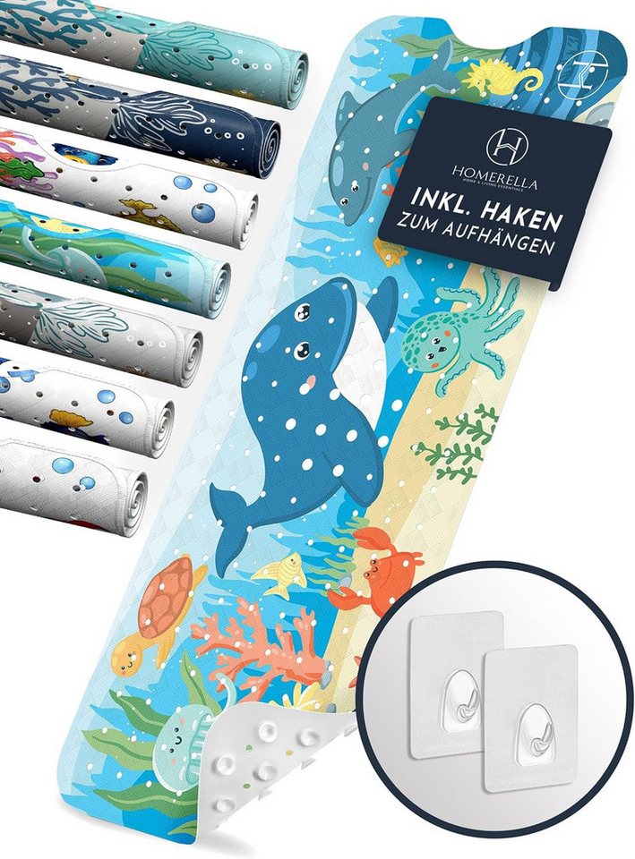 Homerella Badematte rutschfest Kinder - 100% BPA frei Inkl. 2 Haken zum Aufhängen 100x40cm, Antirutschmatte Badewanne Baby hautsensitiv & schimmelresistent, Badewannenmatte rutschfest & waschbar