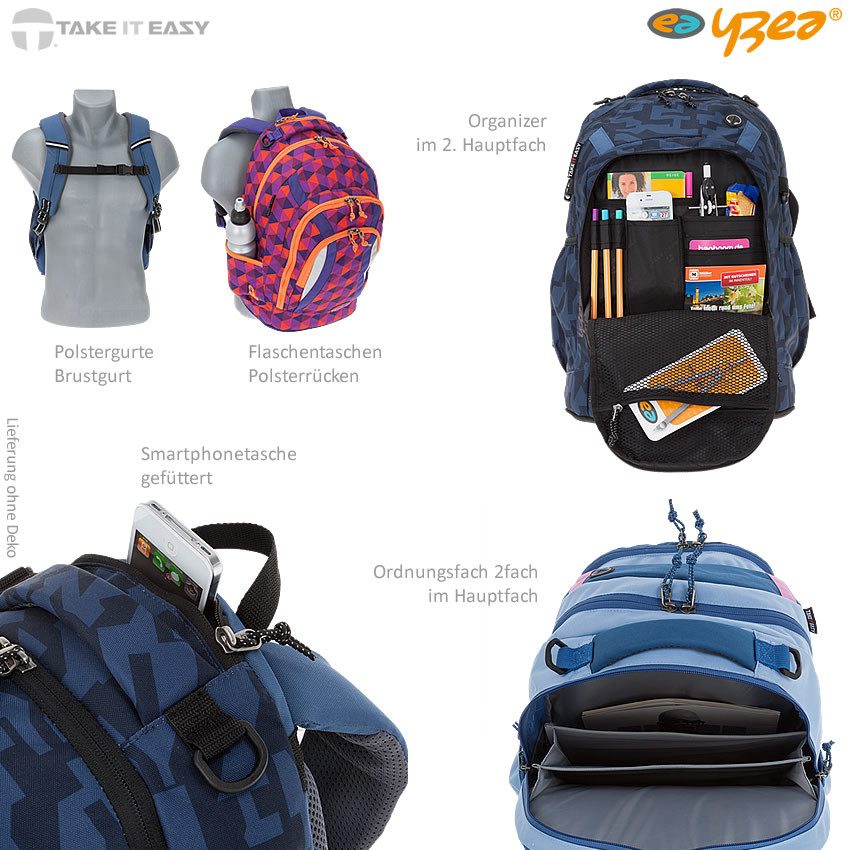 yzea® Schulrucksack Jungen Mädchen ab 3. Klasse Go Bo, Schultasche Schulmappe Rucksack 2 große Fächer mit Brustgurt + Flasche