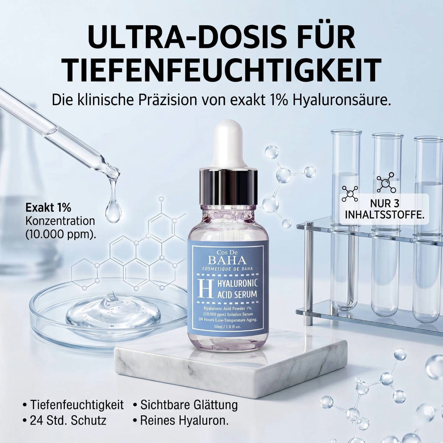 Cos de BAHA Gesichtsserum Pure Hyaluronic Serum 30 ml – Korean K-Beauty Serum mit Sodium Hyaluronate 1% (10.000 ppm), Minimal-Formel – Minimalistische 3-, Inhaltsstoff-Formel mit 10.000 ppm reiner Hyaluronsäure – maximale