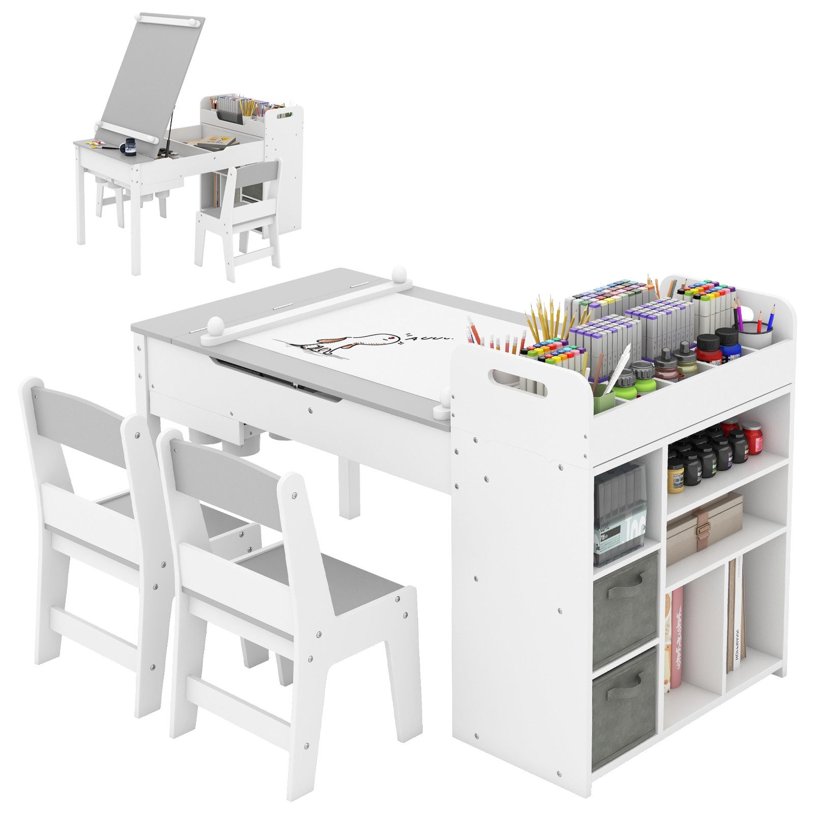 COSTWAY Kinderschreibtisch (3-St), Kindersitzgruppe mit klappbarer Tischpla günstig online kaufen