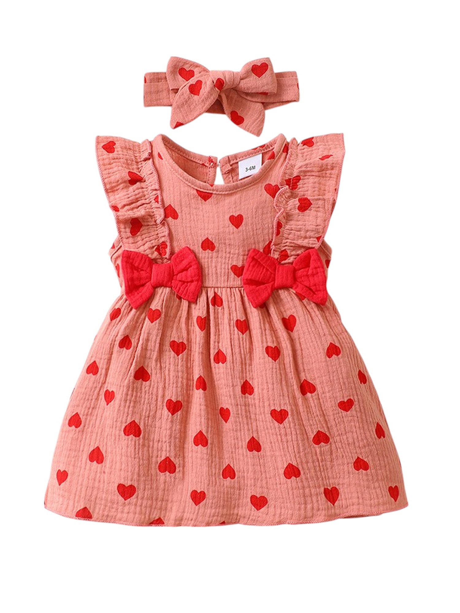 Lapastyle A-Linien-Kleid Ärmellos Baby-Sommerkleid, Strandkleid mit Liebesdruck & Stirnband (Set, 2-tlg) Neugeborene Outfit Set, Lässiges Partykleid aus Baumwolle mit Rüschen