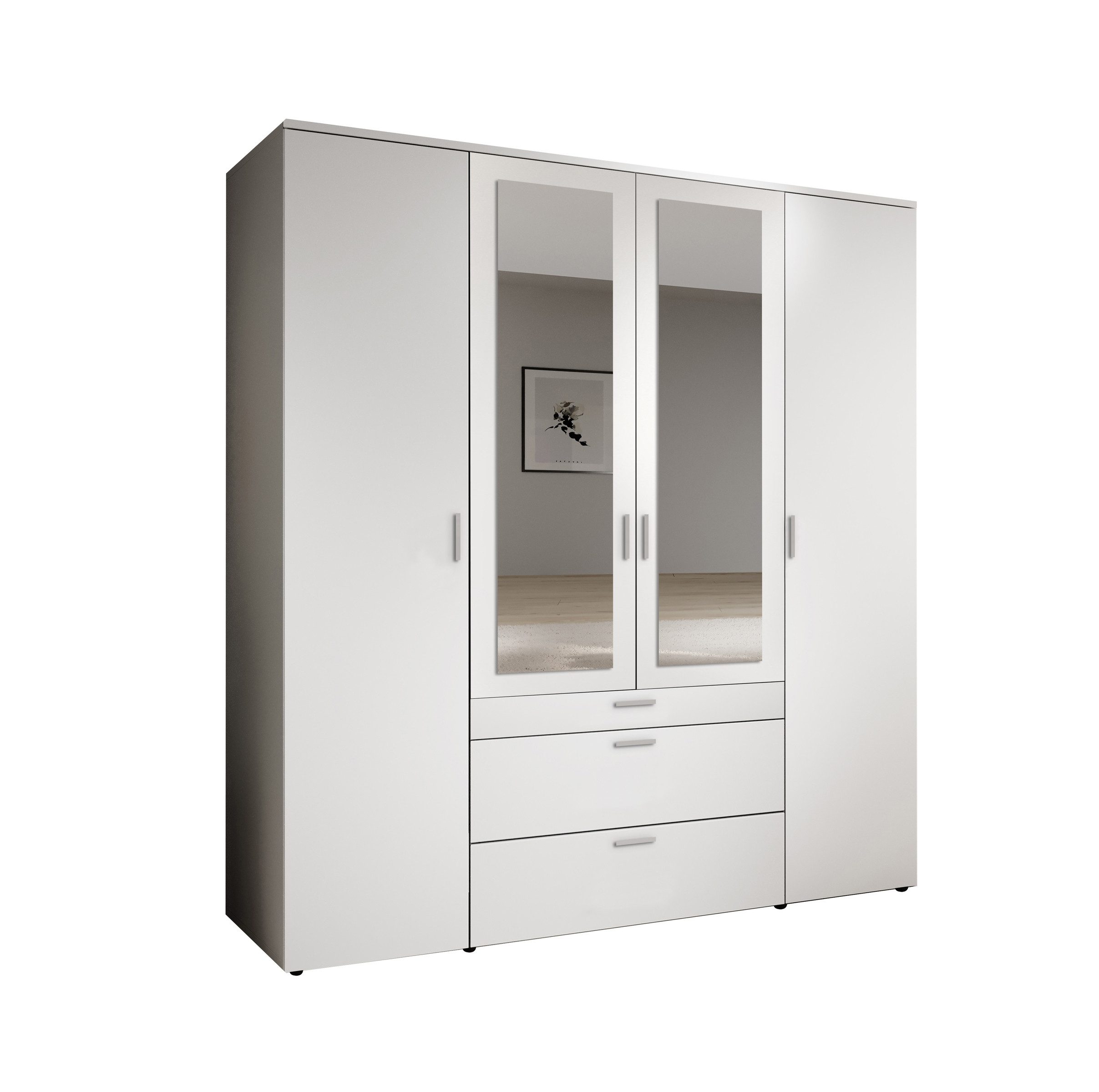 PREISBRECHER Drehtürenschrank Vesala 4 Türen, 3 Schübe, Weiß / Spiegel - 18 günstig online kaufen