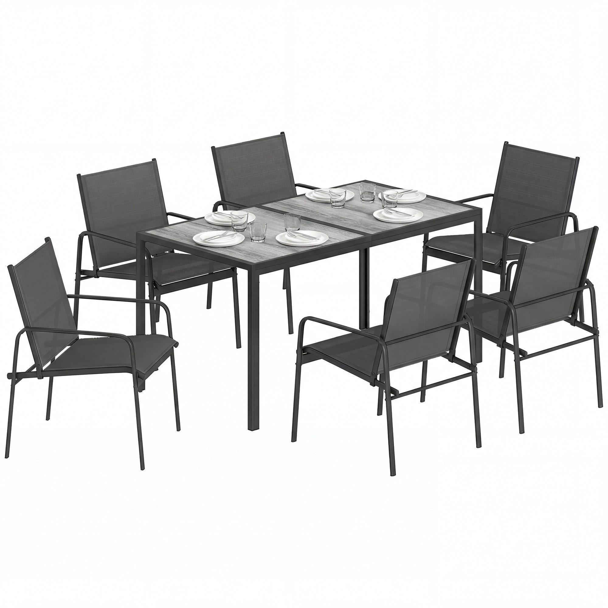 Outsunny Garten-Essgruppe Tisch mit 6 Atmungsaktiven Stühlen, Holzoptik, Stahlrahmen, (Gartenset, 7-tlg., Gartenmöbel Set), für Garten Balkon Terrasse Schwarz