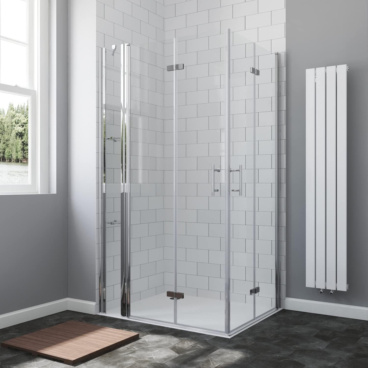 AQUABATOS Eckdusche Duschkabine Eckeinstieg Bad Falttür Duschabtrennung Duschwand, BxT: 90x70 cm, 6 mm Einscheibensicherheitsglas, barrierefrei,großer Verstellbereich,mit Festteil und Duschablage