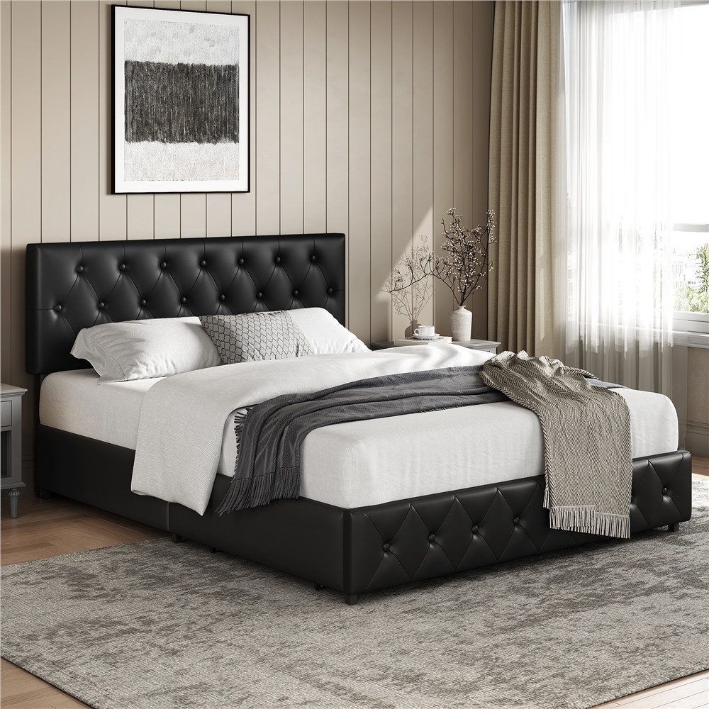 Yaheetech Polsterbett Doppelbett mit 2 Schubladen, Bettgestell 160 x 200 cm, Kopfteil hochstellbar, aus Kunstleder
