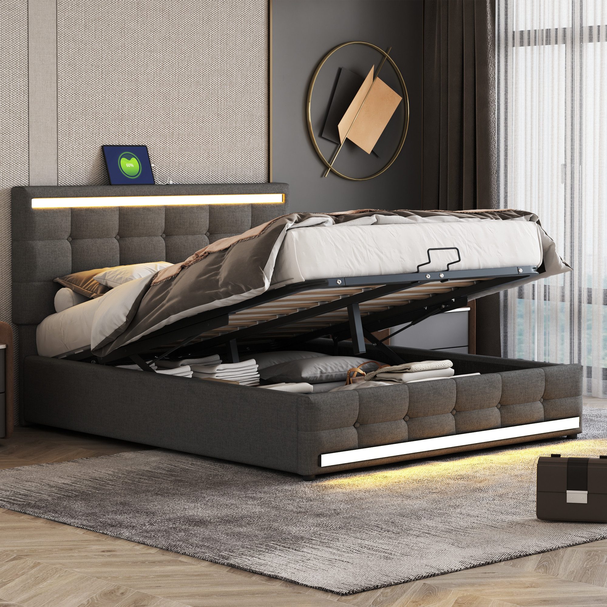 Flieks Polsterbett, LED Doppelbett Stauraumbett 2 günstig online kaufen