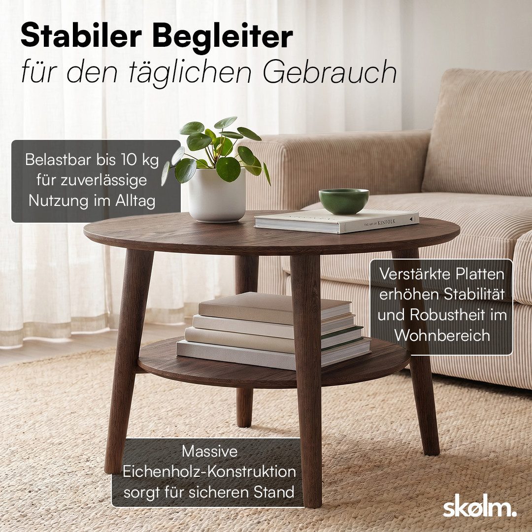 skølm Couchtisch Mjölnir aus Eiche Massivholz (Dunkel lackiert), Wohnzimmertisch Ø70 cm mit 2 Ablagen, auch in oval erhältlich – Bild 5 von 5
