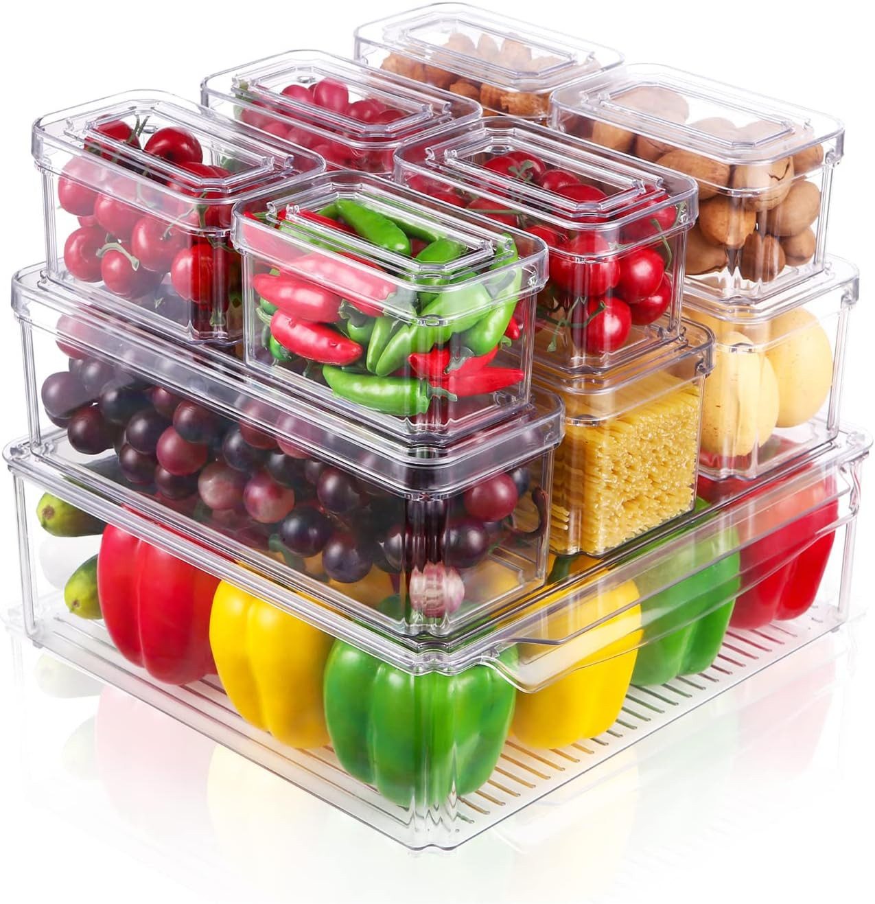 SinLaw Korbeinsatz 10-teiliges Kühlschrank-Aufbewahrungsbox-Set, stapelbar, BPA-frei, Zubehör für Transparent, Acryl, Versiegelt für Frische, keine Geschmacksverfälschung, großer Lagerraum