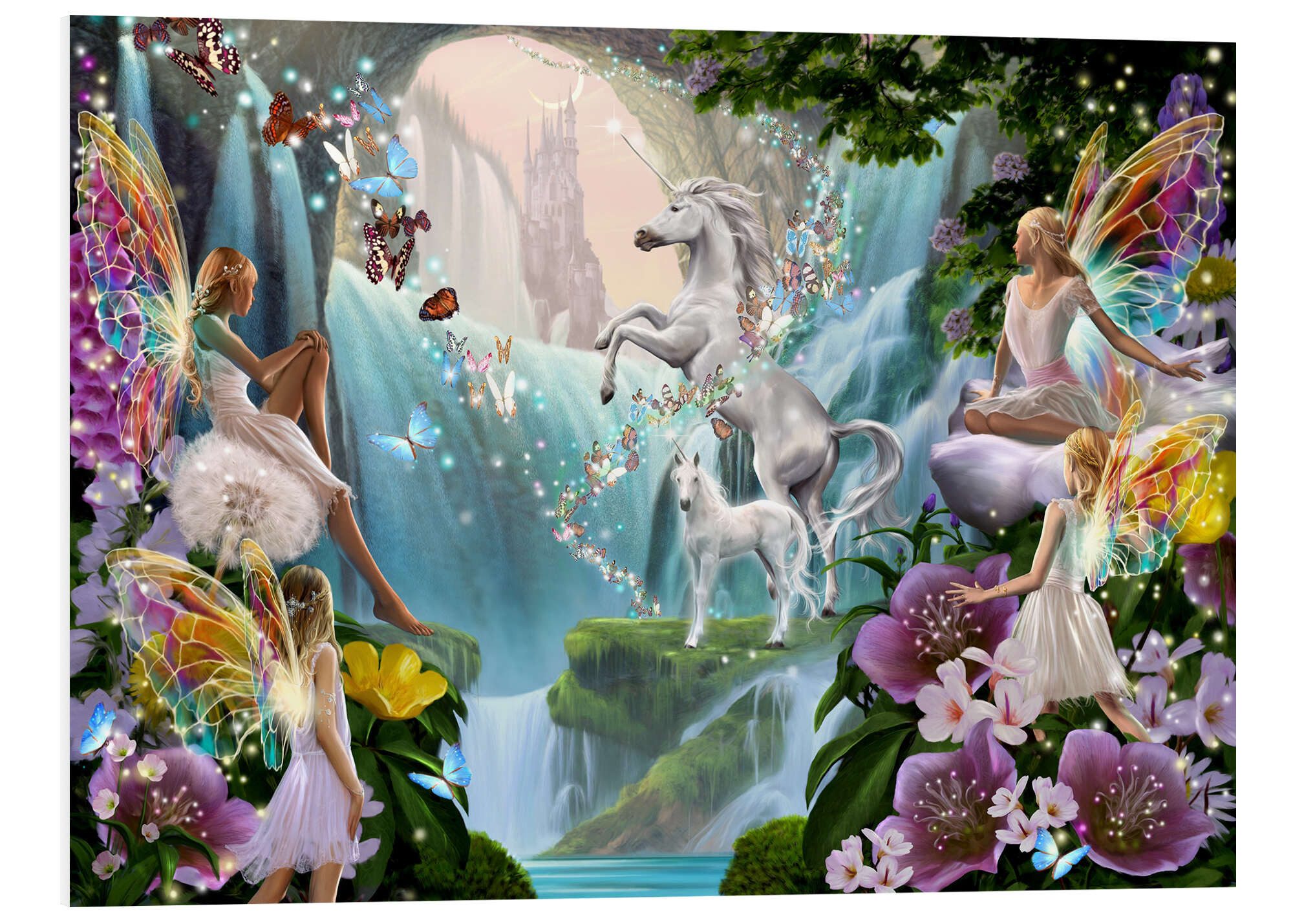 Posterlounge Wandbild Feen und Einhörner am Wasserfall, Garry Walton, erhältlich als Poster, Leinwandbild, Wandsticker oder Acrylglasbild
