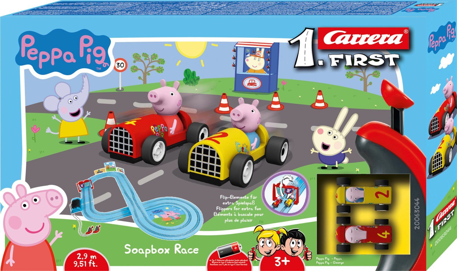 Carrera® Autorennbahn FIRST Rennbahn Peppa Pig Soapbox Race Komplettset ab 3 Jahren (Streckenlänge 2.9 m), (Set), inkl. 2 Spielzeugautos