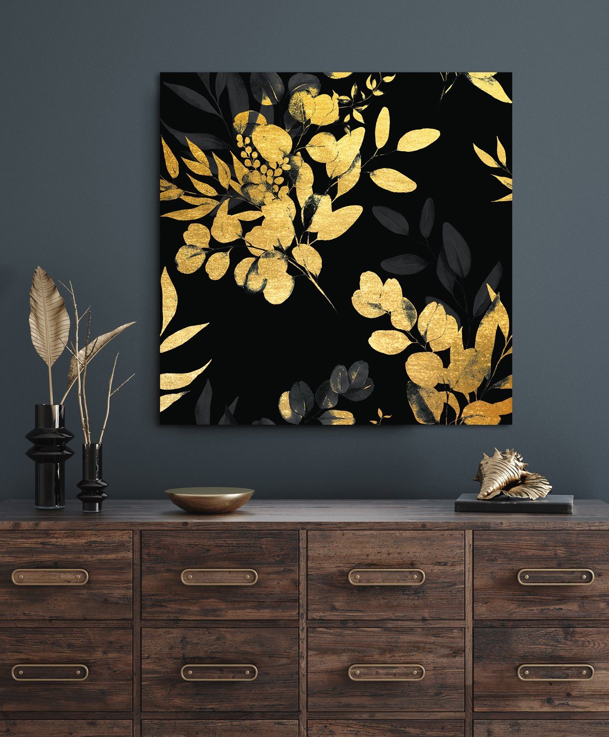 OTTO home Acrylglasbild Eukalyptus - Acrylbilder mit Blattgold veredelt, Blumen, Blumenbilder, Blätter, Gemälde, Kunst (1 St), Goldveredelung, Handgearbeitet, Gerahmt, Edel