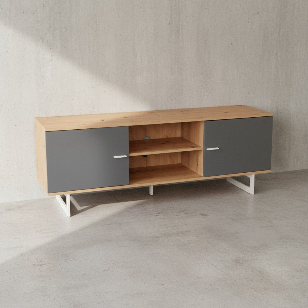 KADIMA DESIGN Lowboard Lowboard Eiche-Dekor Grau 150x55x40 cm TV-Kommode Modern, Design (Fernsehkommode Wohnzimmer), TV-Schrank Hoch, Fernsehtisch Fernsehschrank mit zwei Türen
