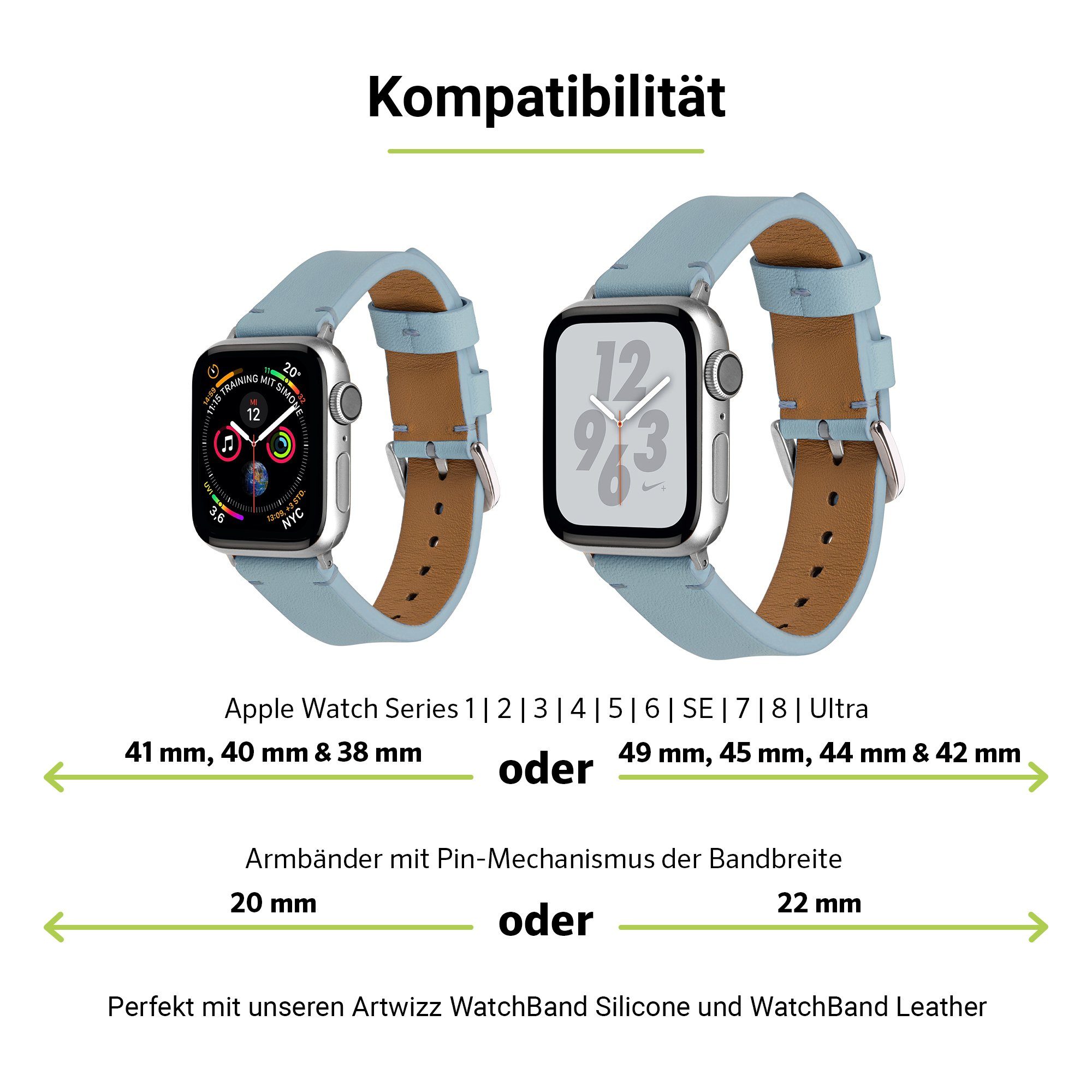 44mm Silber, 2x / Größen Watch / Artwizz Verbindungsstücke, Apple Connector 42mm Modelle 45mm Adapter, der Edelstahl Pin-Set WatchBand
