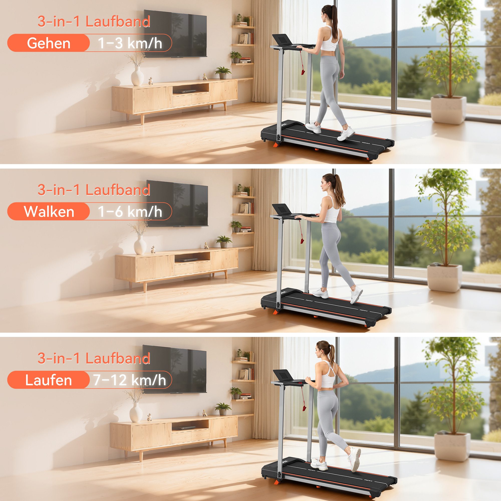 kehot Laufband Laufband mit 9% Steigung, klappbar und leise für Heimtraining (2.5HP Motor, 1–12 km/h, großes LED-Display für Zeit, Distanz, Kalorien, Kompatibel mit APPs: EQI SPORTS, Zwift & Kinomap, Bluetooth), 38×100 cm Lauffläche, Stabil bis 125 kg, inklusive Sicherheits-Key