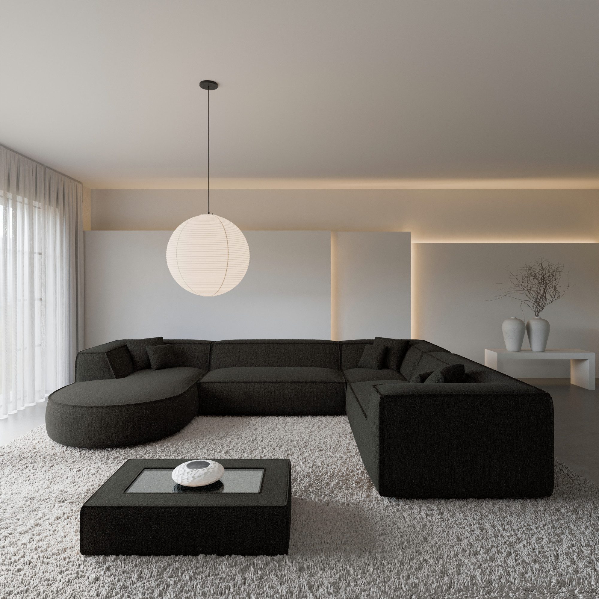 Sofa Dreams Wohnlandschaft Monterola XXL Stoff mit Ottomane, Designer, 6-Sitzer, Lounge, Strukturstoff Bezug in Schwarz