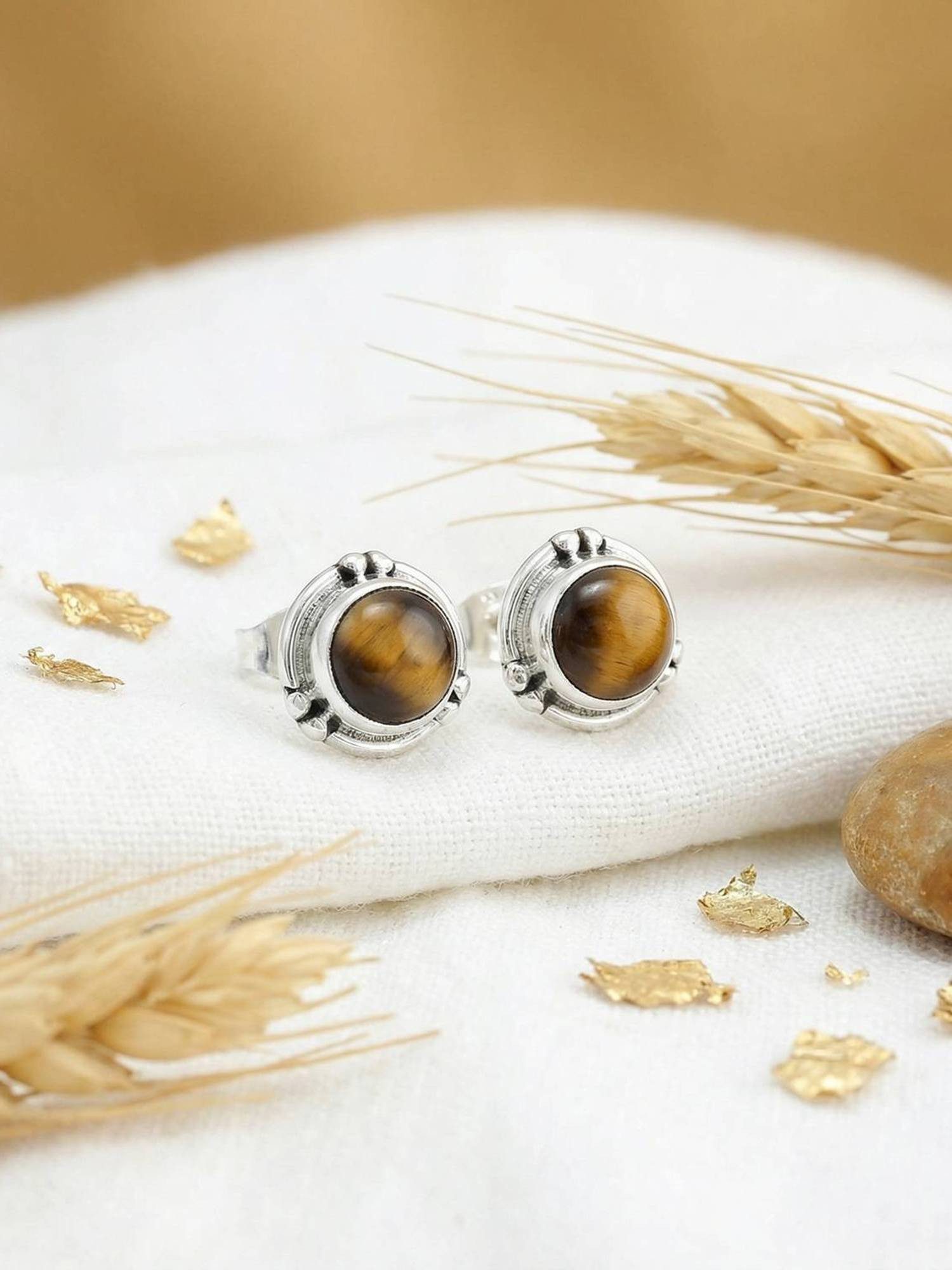 mantraroma Paar Ohrstecker LITANG aus 925 Silber mit Tigerauge (Paar, Paar Ohrringe mit Schmuckbeutel), 925 Sterling Silber Ohrringe für Damen