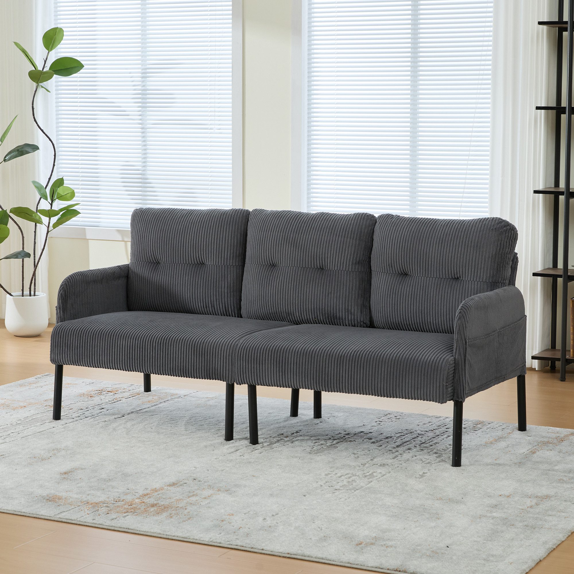 STILVORA Loungesofa Dreisitzer Cordsofa mit hoher Rückenlehne und Seitentaschen Grau, Relaxsofa mit Stabile Metallfüße und robuste Konstruktion, Tiefe und breite Sitzfläche