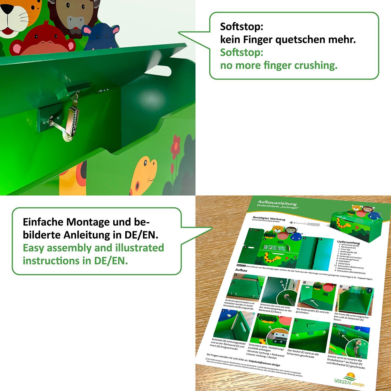 WIESEN.design Truhenbank Kindersitzbank Dschungel, (Klappe mit Softstopp gegen Fingerquetschen), 12mm MDF - Schwergewicht mit 9,3kg, standsicher, gratis Versand