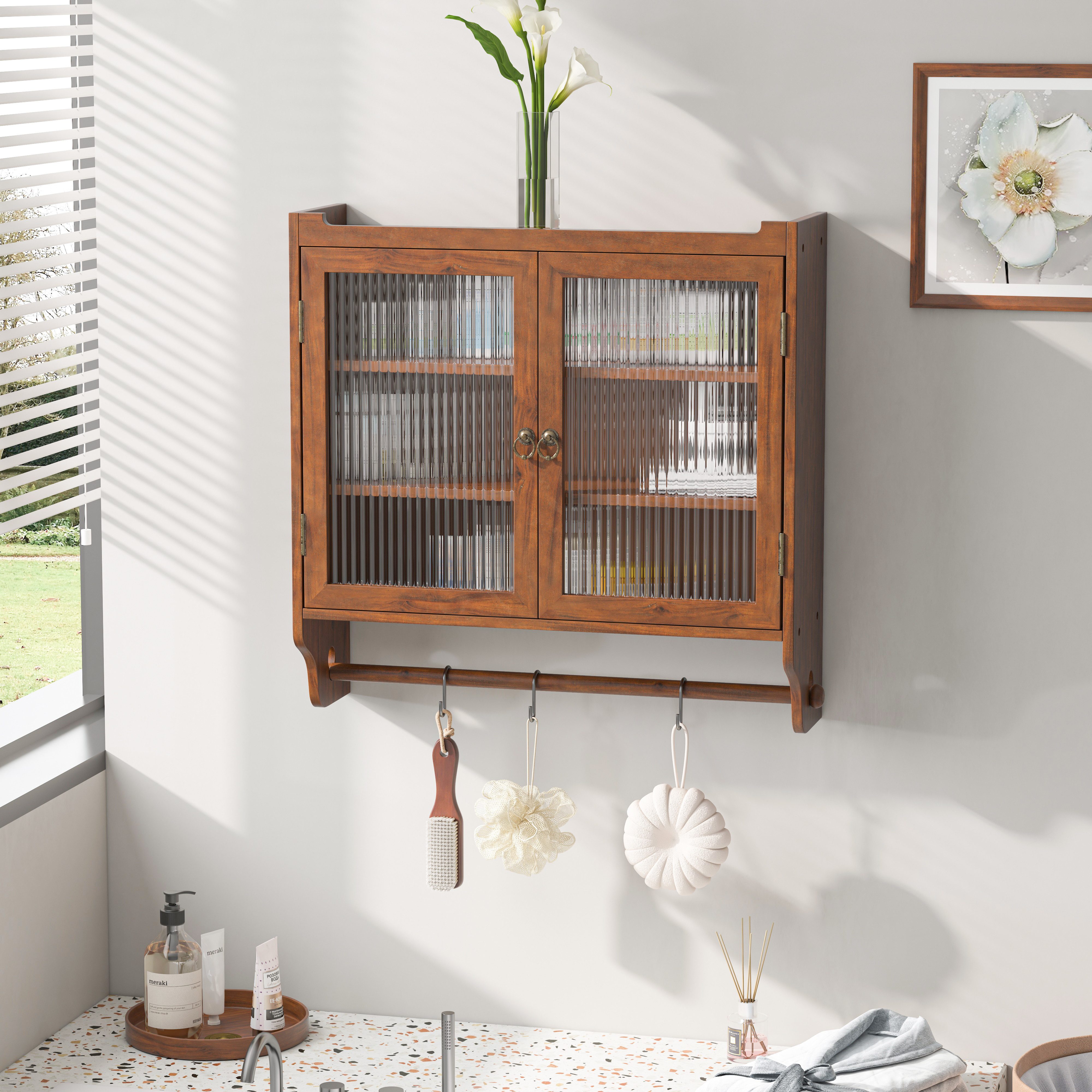 REDOM Hängeschrank Vintage Sideboard aus Massivholz und Glas (63 cm Vintage-Hängeschrank mit Glastüren, Doppeltür-Design, drei Ablagefächer und Handtuchhalter) Gewichtskapazität: 5 kg pro Regal