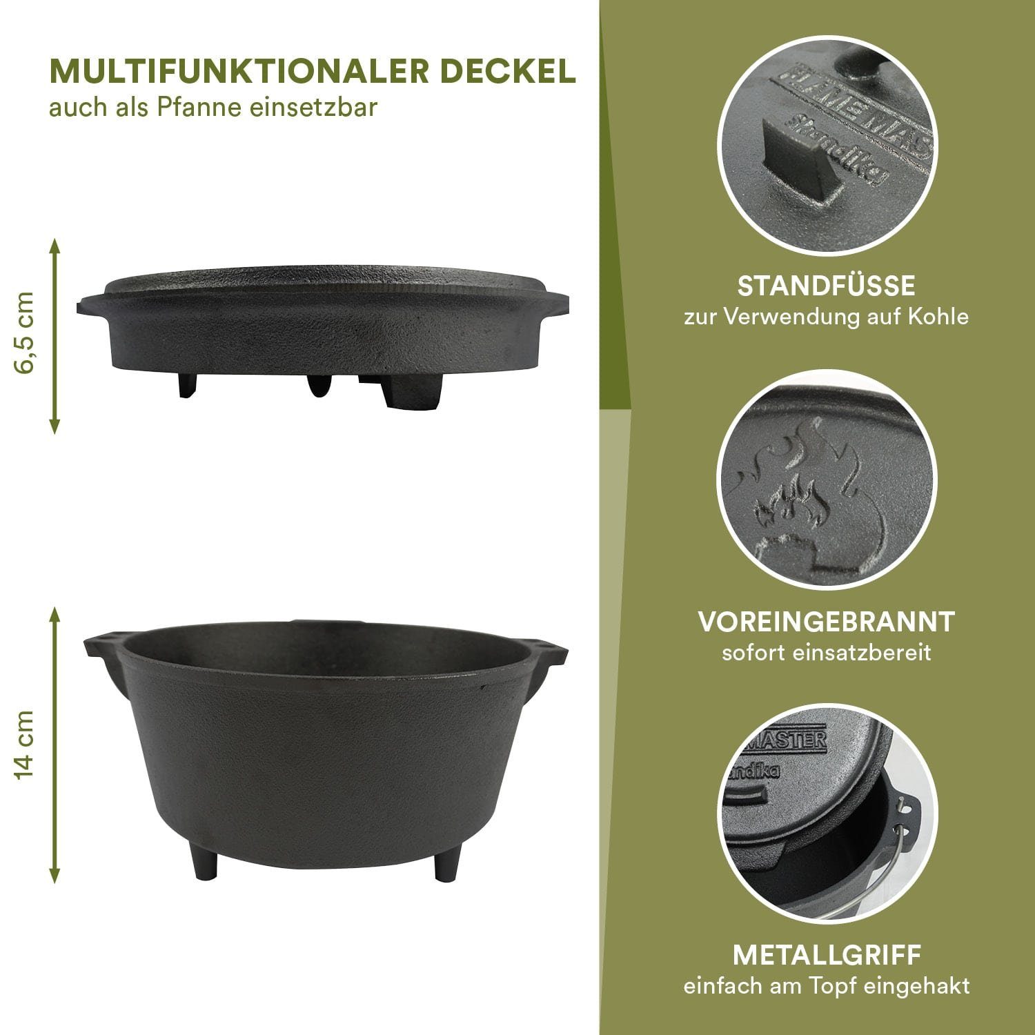 Skandika Grilltopf Dutch Oven Flame Master 7,1 L mit Füße, Feuertopf, Gulaschtopf, (Tragetasche, Deckelheber, auch Pfanne, bereits eingebrannt), Gusseisen Topf zum Kochen, inkl. Rezeptbuch der Sauerländer BBCrew